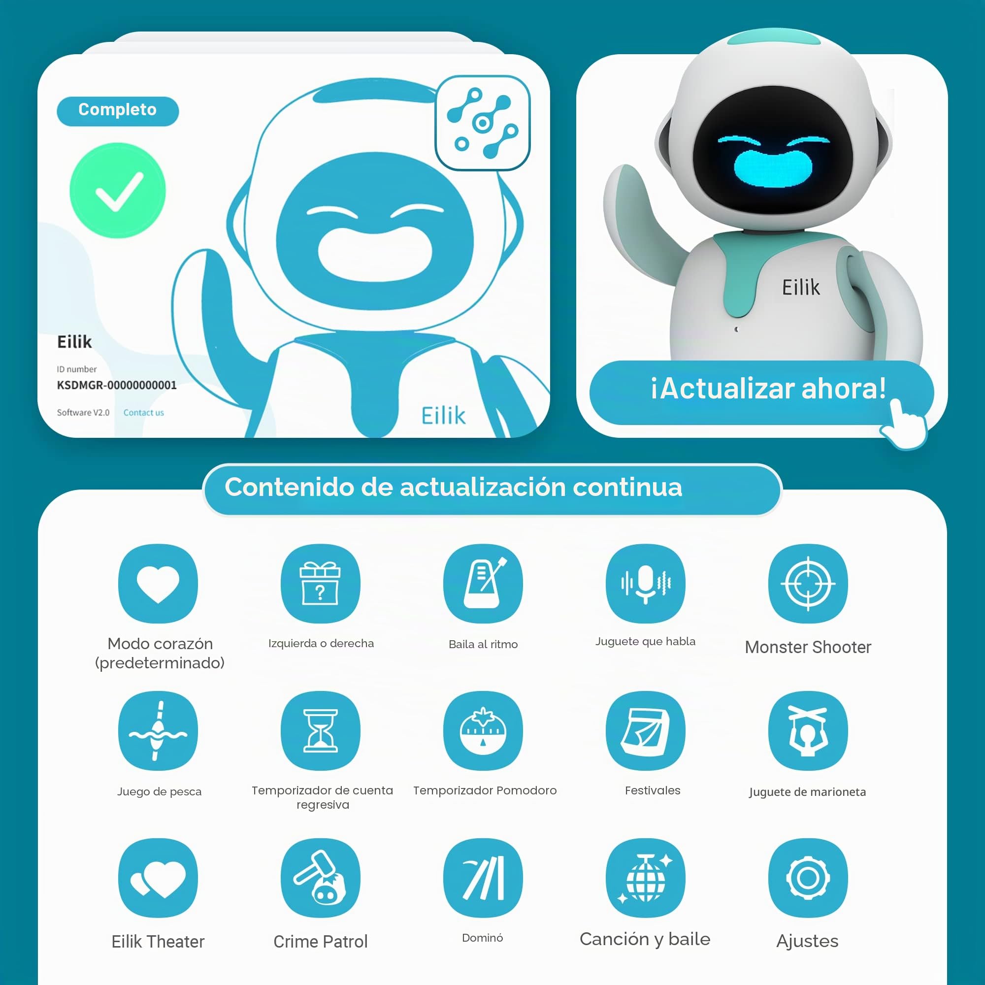 Eilik Azul - Robot Mascota Juguete Inteligente Interactivo: Compañero para Casa y Trabajo, con Software de Última Generación - Juguete Sensorial y Robot Que Habla, Regalo para Niños y Adultos