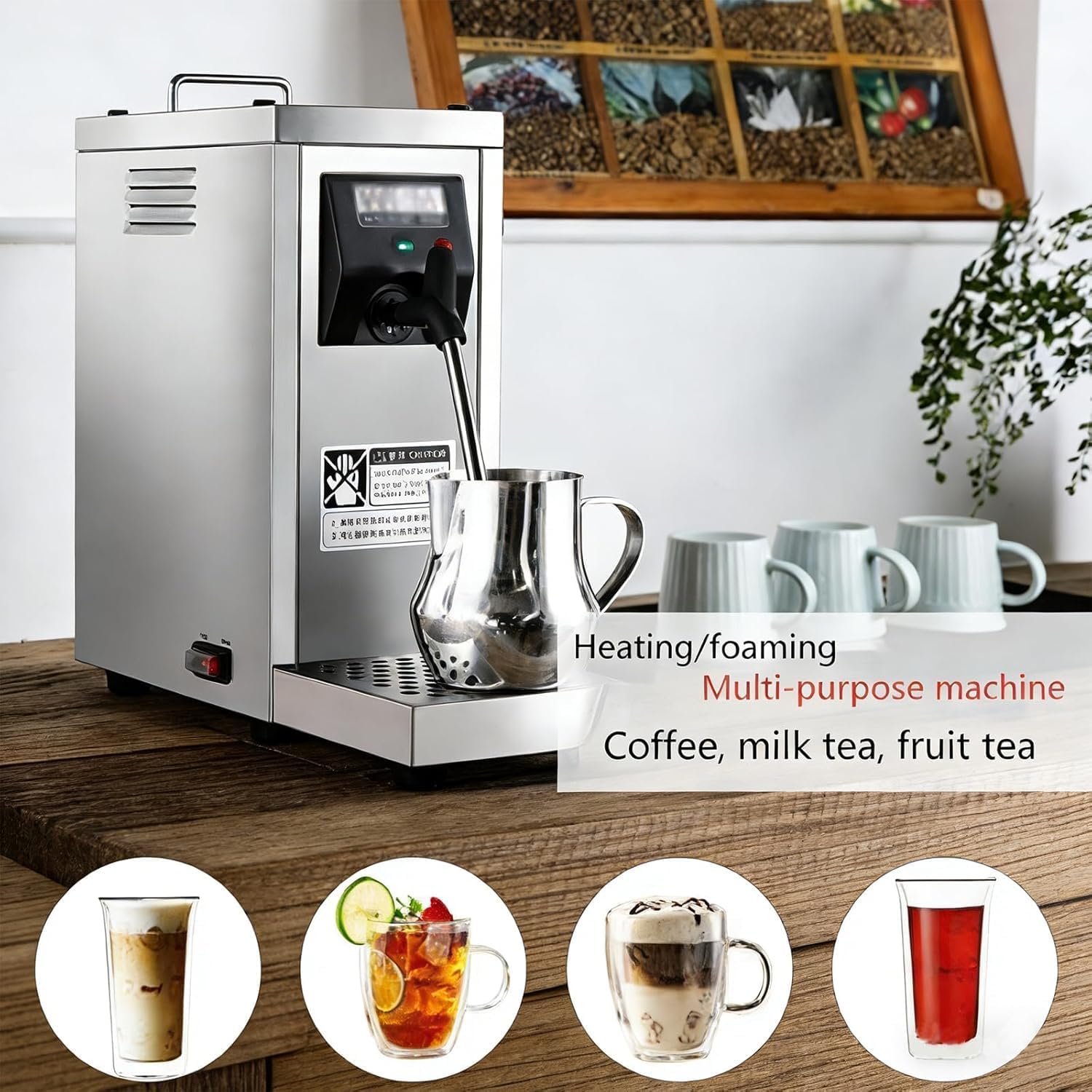 Electric milk steamer, commercial milk frother 1450 W, with removable tank capacity 800 ml, LED temperature control in the range of 40-90 °C