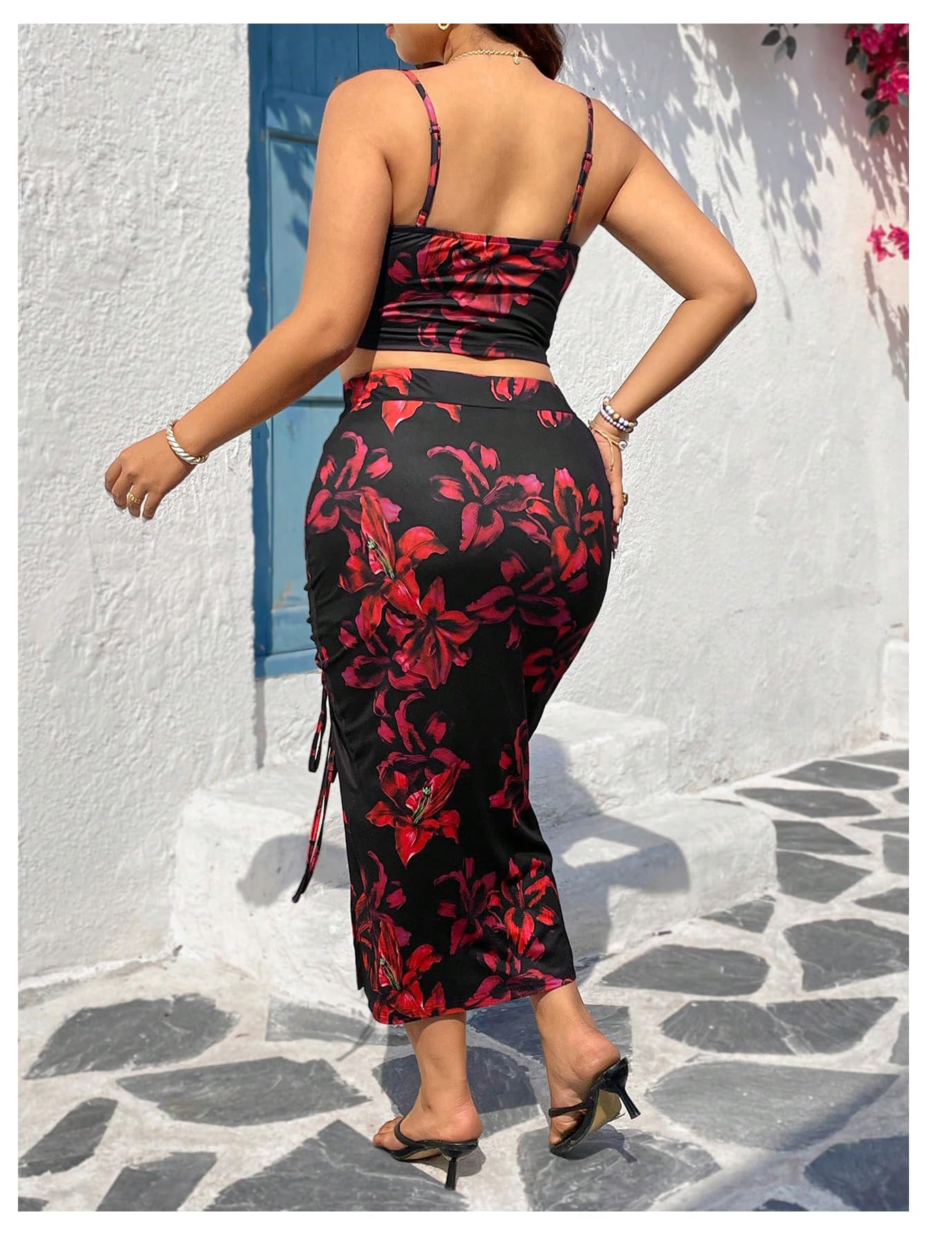 Floerns Women's Plus Size 2 Piece Outfit Cheetah Crop Cami Top Slit Midi Skirts Set