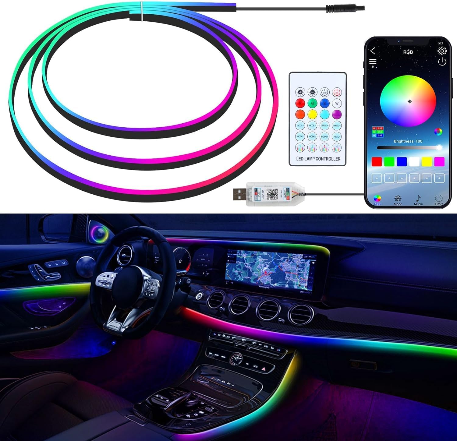 Interior Car LED Strip Lights 43 Inches Length 0.08in Ultra-Thin Thickness with APP/Remote Control, Color Changing Ambient Lighting Kit, Sync to Music Car Lighting