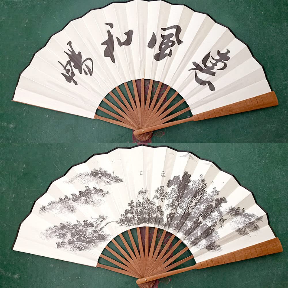 NZPOST Folding Fan Handheld, 2Pcs Large Decorative Folding Fans Vintage Tree Letter Oriental Cloth Fabric Hand Fan Foldable Chinese Bamboo Fan