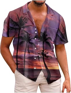 Summer Tunic Hike Button Decoration Shirts Men Tropical Print T Shirt Lapel Short Sleeve Lounge Relaxed Fit Thin Cool Shirt Men