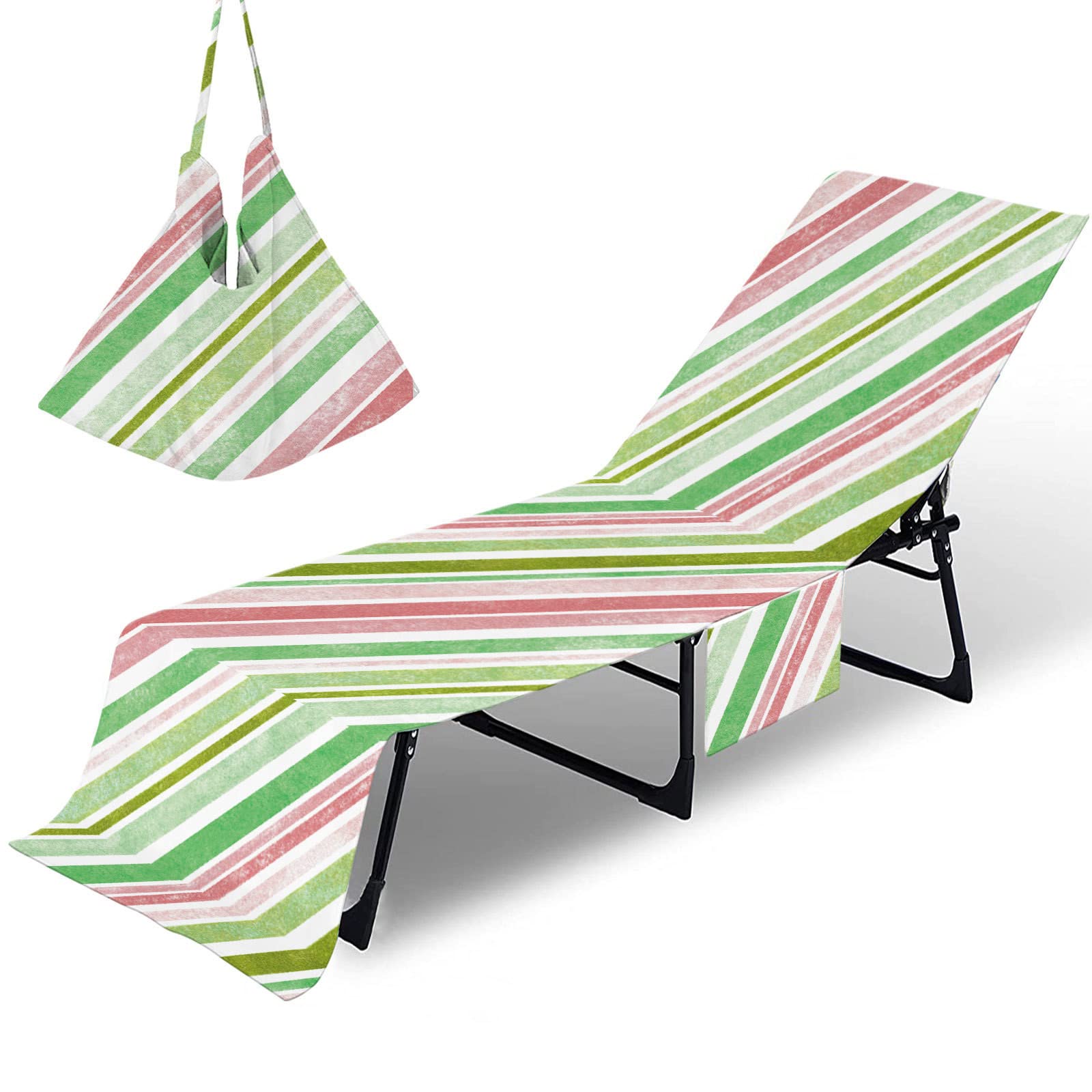 Morbuy Sun Lounger Beach Towel with Pockets, Stripes Pattern Beach Lounger Towel Beach Chair Cover Towel Fitted Microfiber Sunbed Towel Sun Lounger Towels for Summer Vacation (Pink)