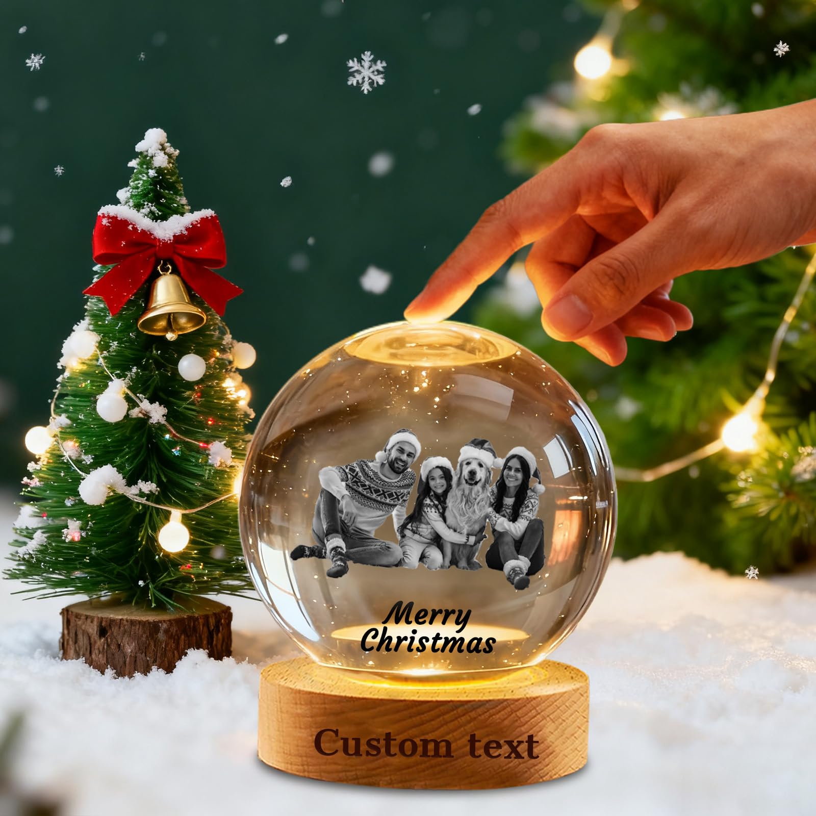 Rsqgt Snow Globe Personalised With Photo And Custom Text, 3D Laser Etched Crystal Ball With 7 Colour Led Light, Customisable For Family, Kids, Mum, Dad, Xmas Decor (Snow Globe)