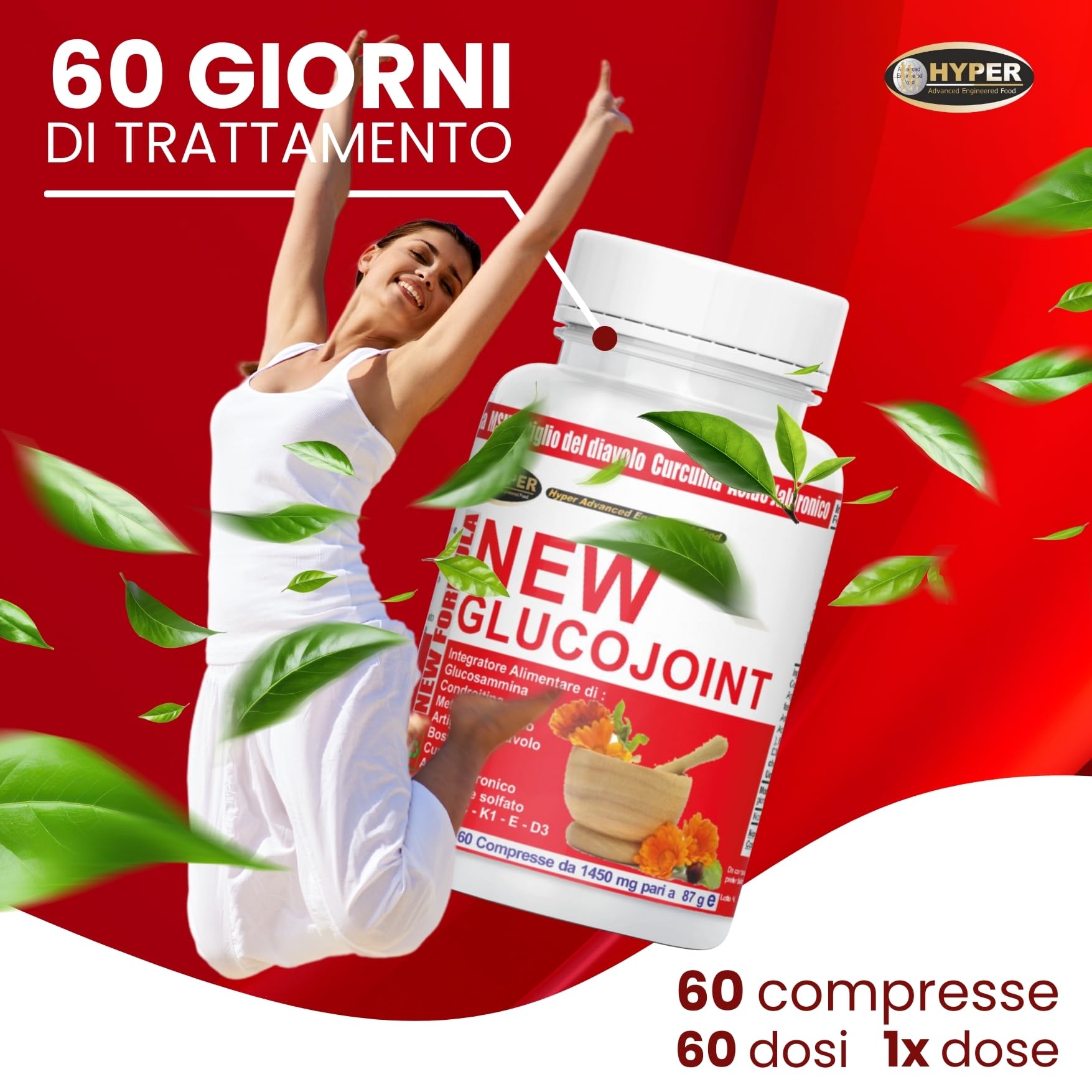 Hyper Glucojoint Integratore Alimentare | con Glucosamina Condrotina MSM, Artiglio del Diavolo Forte e Acido Ialuronico | 60 Compresse Prodotto in Italia