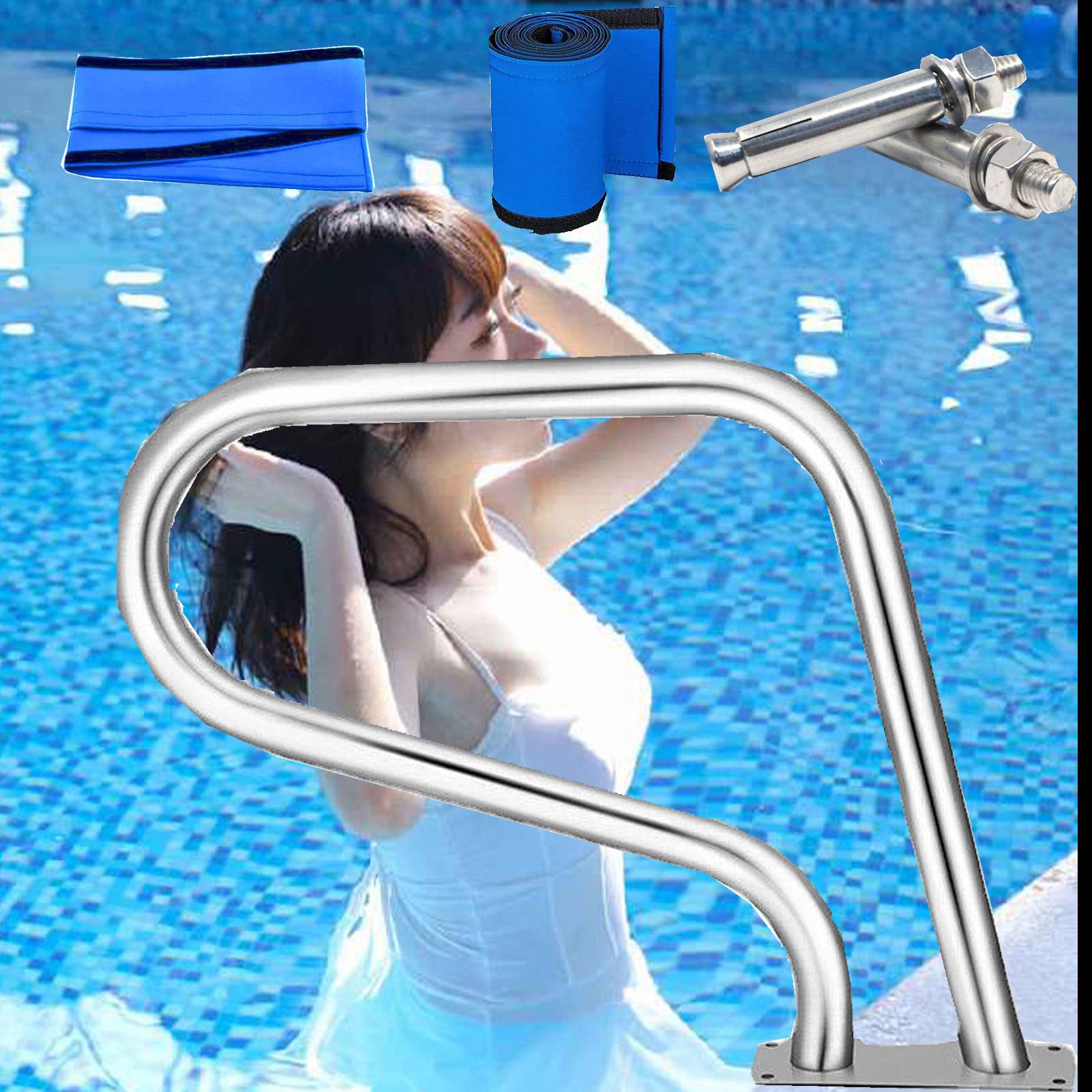 Main courante de piscine robuste 113,4 kg en acier avec poignée bleue
