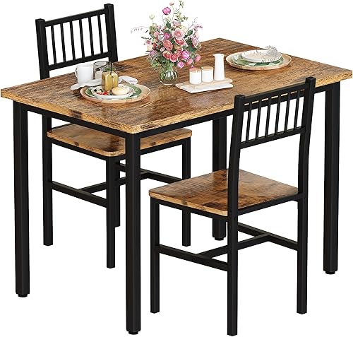 AWQM Juego de mesa de comedor de 3 piezas, mesa de cocina industrial pequeña y 2 sillas, juego de mesa de comedor de desayuno para comedor, sala de
