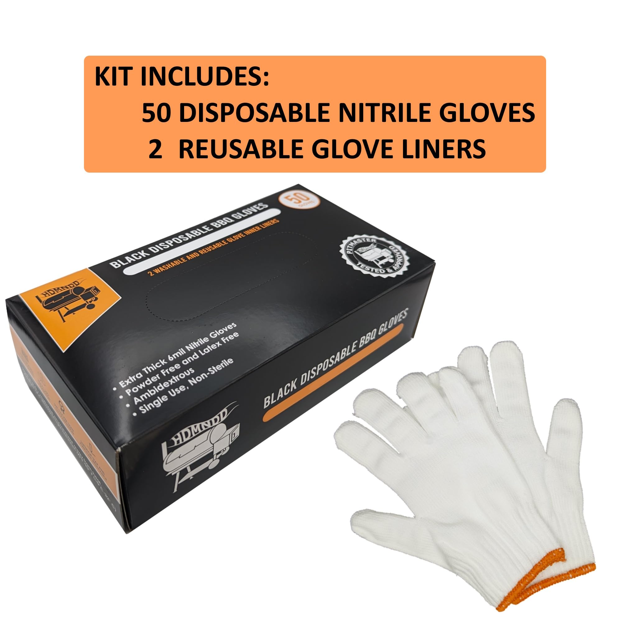 Kit de guantes desechables negros para parrilla de barbacoa, 50 agarres texturizados resistentes y 2 forros reutilizables resistentes al calor para tirar de carne (textura completa de palma y dedo,