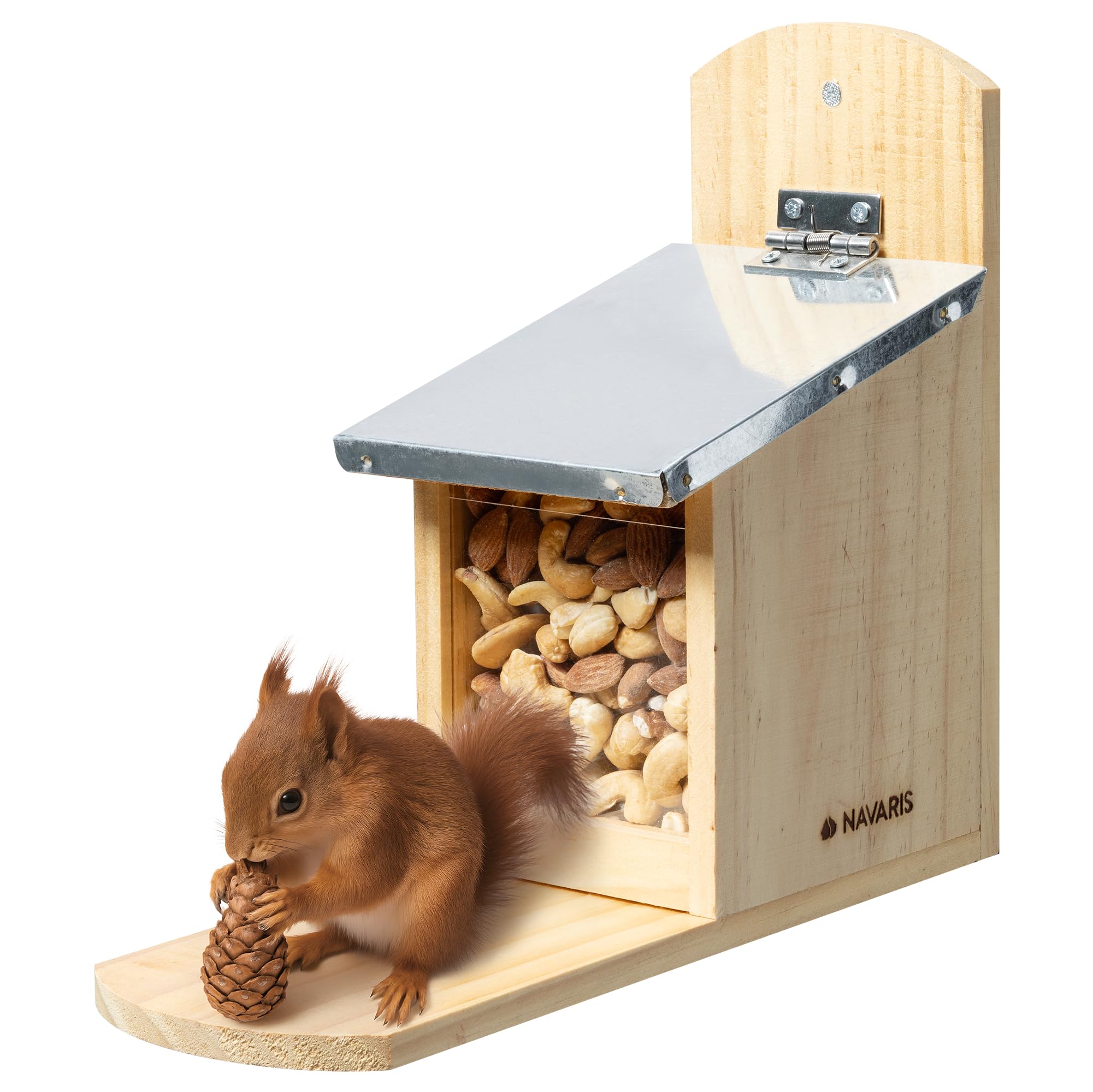 Navaris Casa Mangiatoia per Scoiattoli - Casetta per Mangime Scoiattolo da Appendere - Rifugio per Giardino in Legno Tetto in Metallo - 12x29x24,5cm