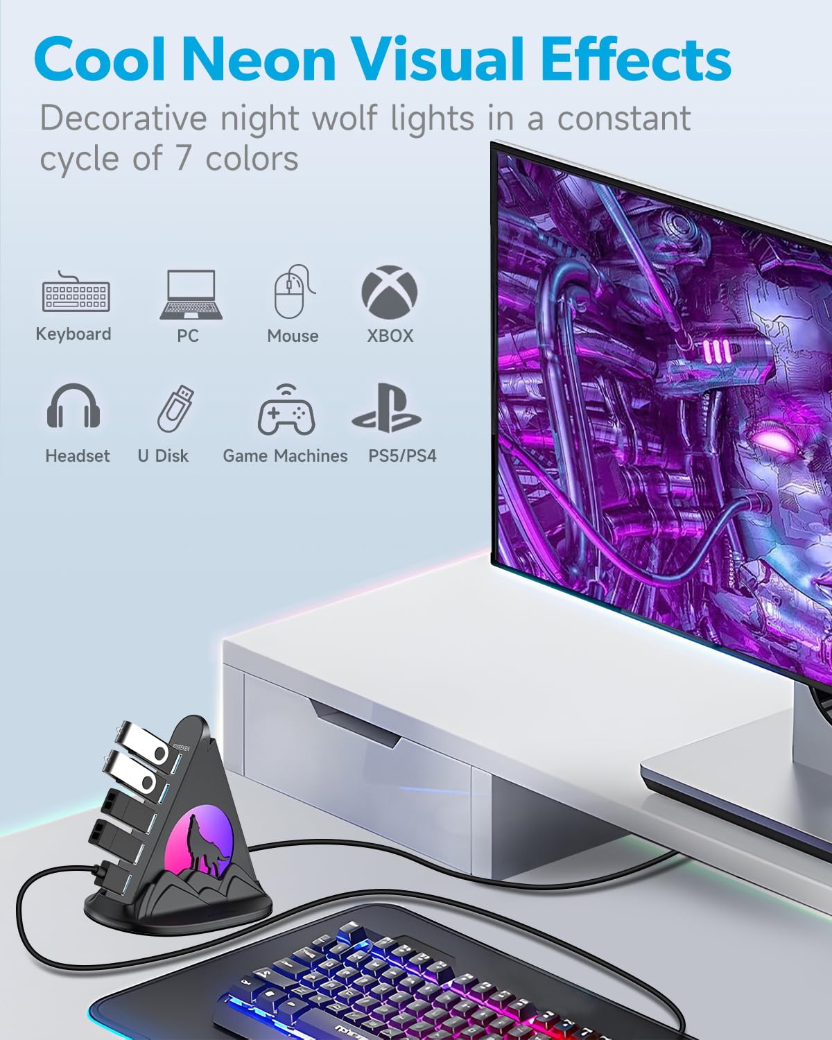 Concentrador USB 3.0 de 7 puertos, concentrador USB JoyReken para PC con cable de 2 pies de largo, concentrador de extensión USB vertical para escritorio, laptop, MacBook, Xbox, PS4/5, unidad flash,