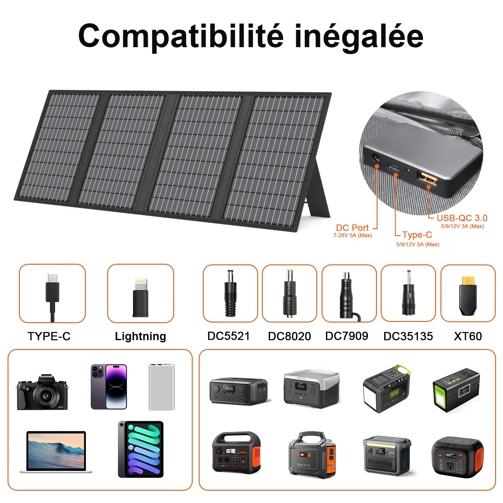 Chargeur solaire portable 60W avec support, panneau solaire pliable avec sorties USB-C, USB-A et DC, pour le la randonnée, l'alimentation de secours pour les petits générateurs électriques