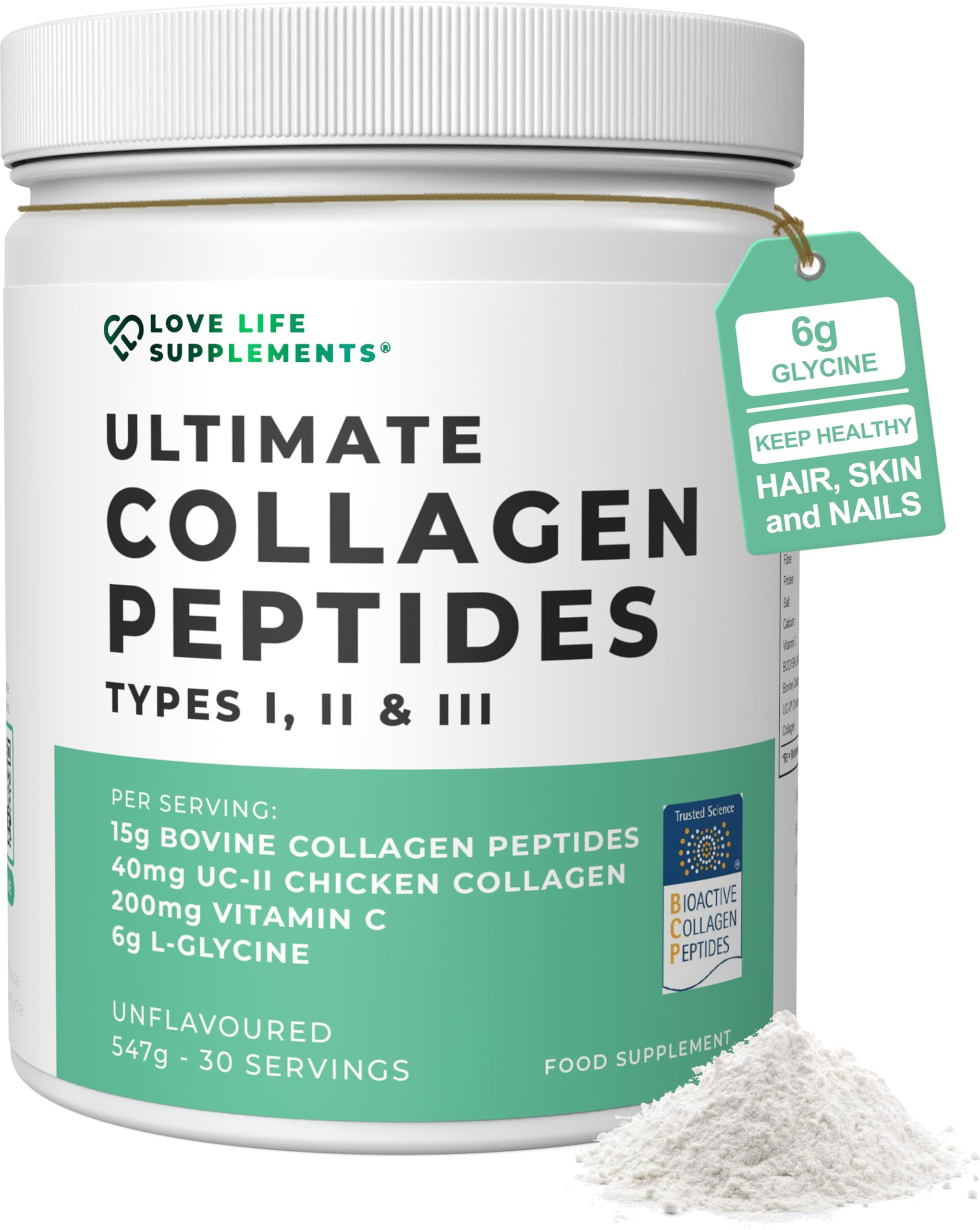 Ultimate Collagen Peptides by LLS - Hydrolysed Bovine Collagen Powder Types 1, 2 & 3 + Vitamin C & Glycine - Joint, Ligament, Tendon Strength & Muscle Building - Unflavoured, 547g, 30 x 18g Servings