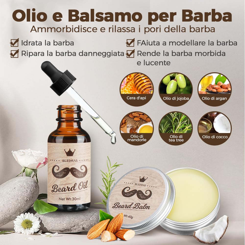 Bledras 13 in 1 Barba Cura Set, Cura Della Barba Professionale per Uomo, con Olio da Barba, Balsamo Barba, Shampoo Barba, Rasoio Dritto, Forbici, Spazzola,Pettine, Kit Barba Uomo Regali per Lui e Papà