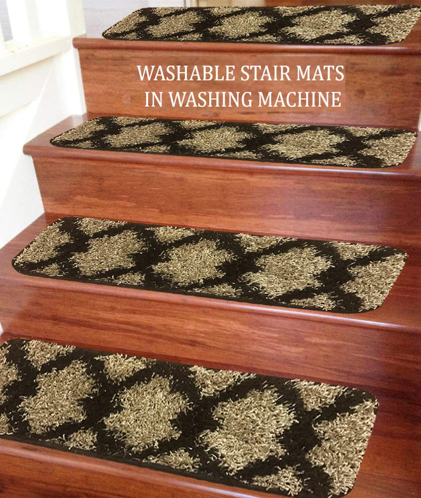 Soft Shaggy Carpet Stair Treads NON-SLIP MACHINE WASHABLE Mats/Rugs, Taber 22x76cm - 30mm Thickness - London (Beige, 15)