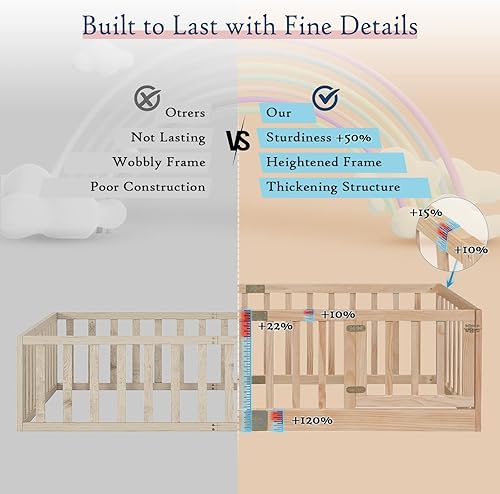 Miniatura 22 de Tatub Cama Montessori de suelo individual con rieles altos, marco de cama Montessori de madera maciza para niños, la entrada se puede instalar a