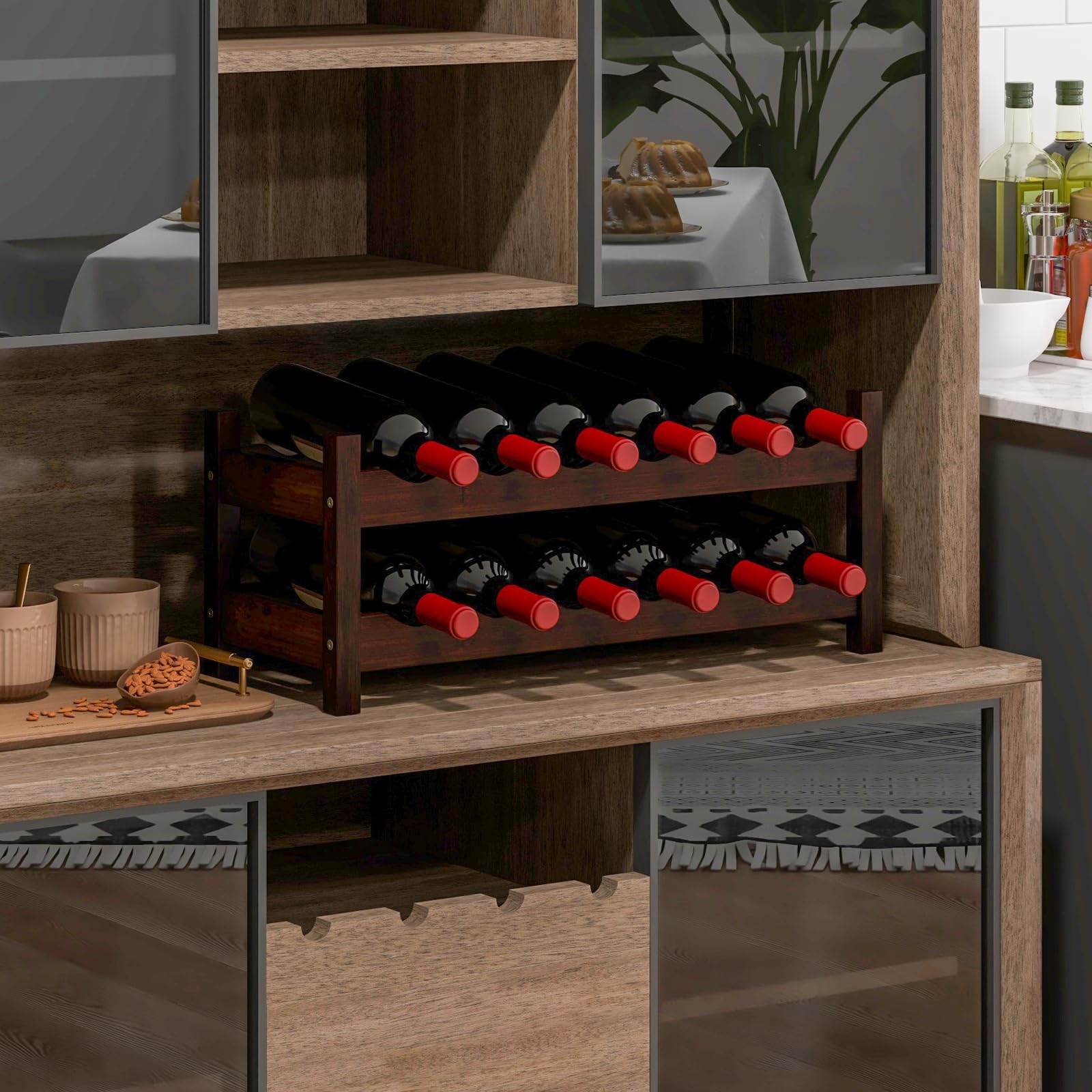 KOMFOTTEU Botellero de Bambú para hasta 12 Botellas, Estantería de Vino de Mesa con 2 Niveles, Sostenedor de Botella para Encimera, Despensa, Cocina, 62 x 24 x 25 cm