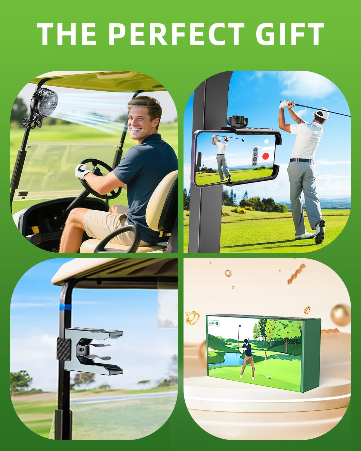 Golf Gifts for Men and Women, 3 in 1 Golf Cart Accessories Essentials Set with Golf Fan, Golf Magnetic Phone Holder Universal Mount, Golf Aluminum Holder Clip 26−64 Rings for EZGO, Yamaha, Icon