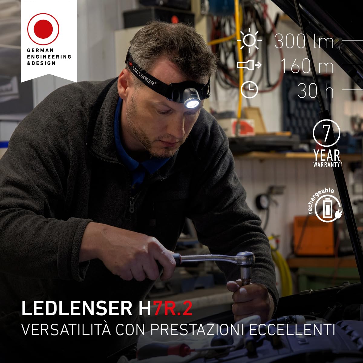 Ledlenser H7R.2 Torcia Frontale LED, con Batteria al Litio Ricaricabile, Utilizzabile Anche con 4 Pile AAA, 300 Lumen, dimmerabile, Portata Luminosa di 160m, Cavo di Ricarica USB, orientabile