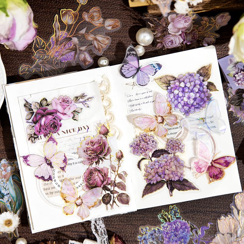 Image of 80Pcs Natural Flower Stickers for Scrapbooking,Self-Adhesive Transparent Flower Stickers Scrapbook Supplies Journaling Supplies for Adult Card Making Letters DIY Water Bottle Cards Decoration