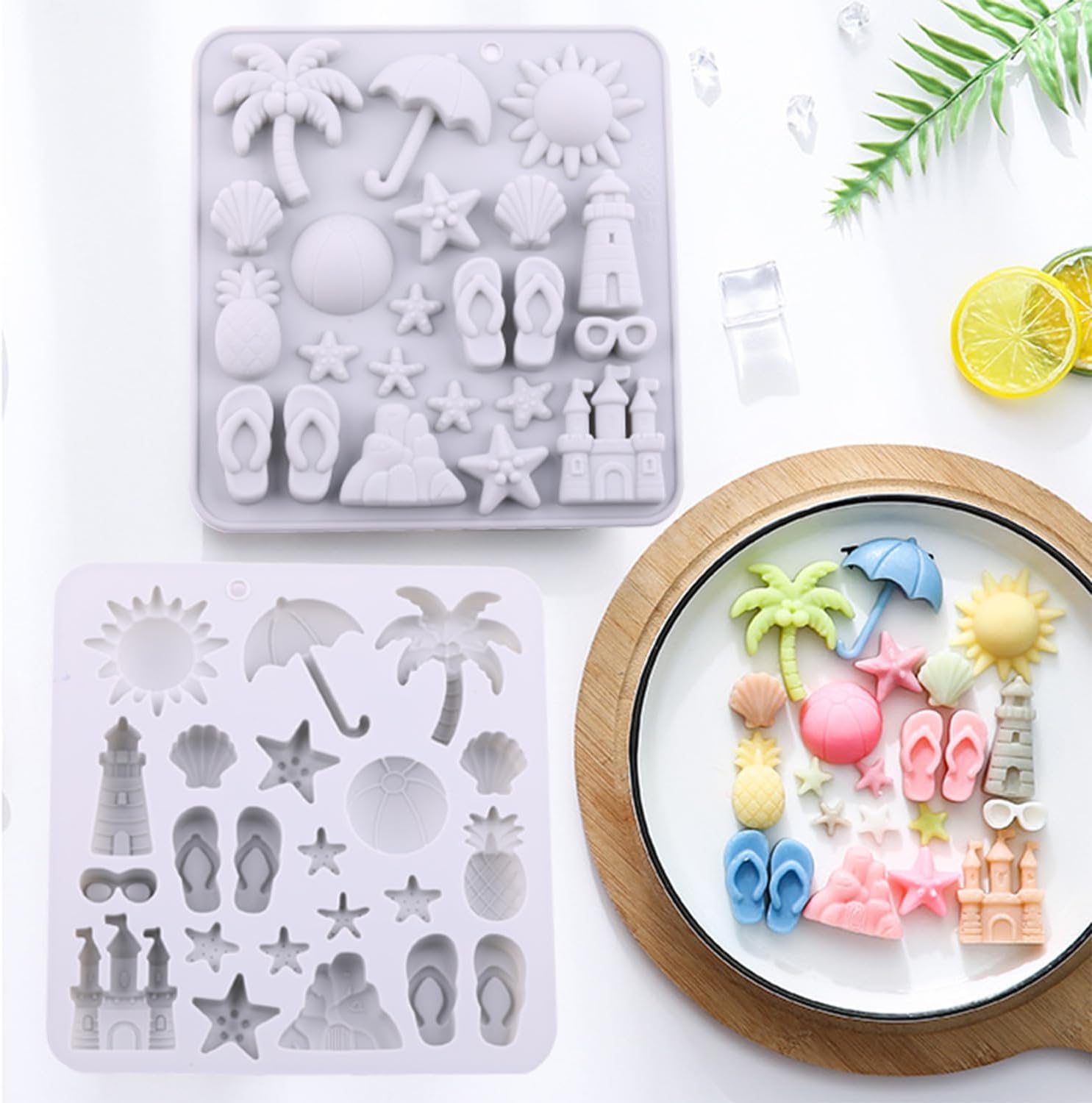 2Pcs Summer Beach Theme Silicone Molds Coconut Tree Starfish Shells Beacon Pineapple Candy Mold For Candy Chocolate