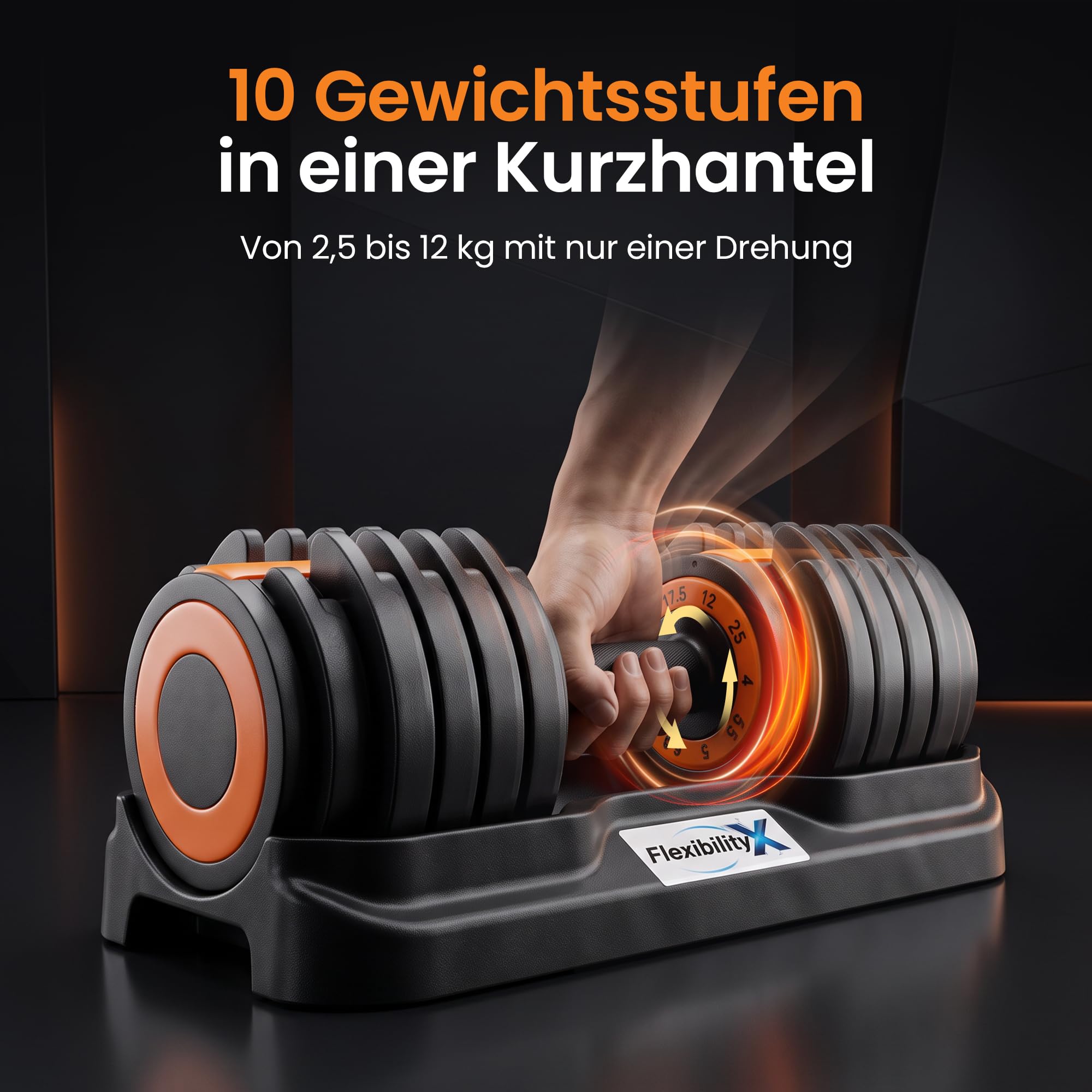 Verstellbare Kurzhantel 2,5-12 kg mit 10 Gewichtsstufen, einzelne Hantel mit Hantelablage, Schnellverstellung, rutschfester Griff für Home Gym