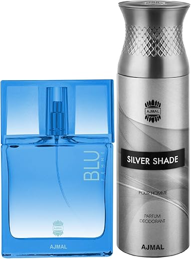 Ajmal Blu Femme EDP Floral Woody Perfume 50ml for Women and Silver Shade Homme Deodorant Citrus Woody Fragrance 200ml for Men+ 2 Parfum Testers FREE