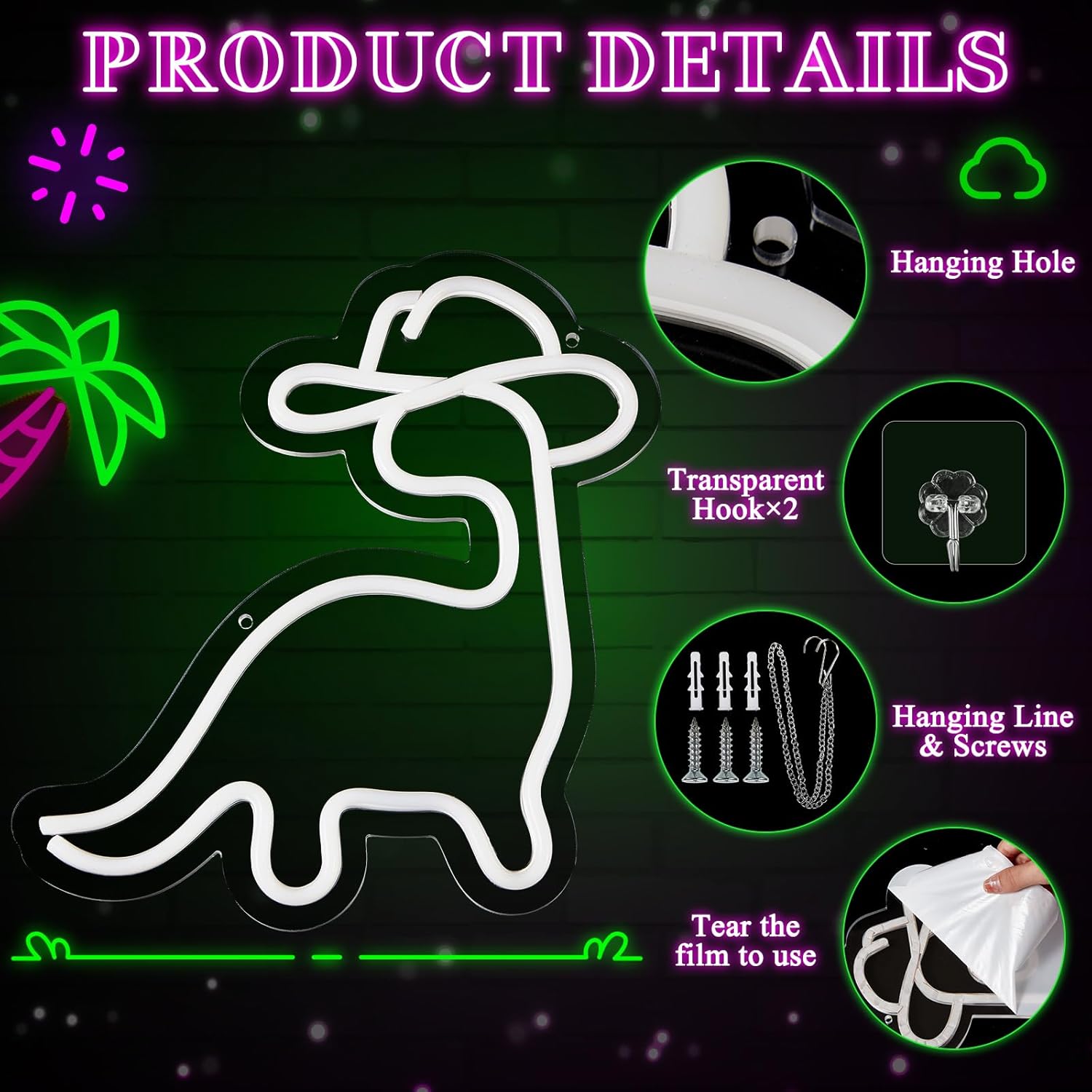 11.8 Inch Holiday Neon Sign Dinosaur Shape Neon Light USB Powered Green LED Wall Window Light up Sign for Living Room Office, Holiday Party Decorations