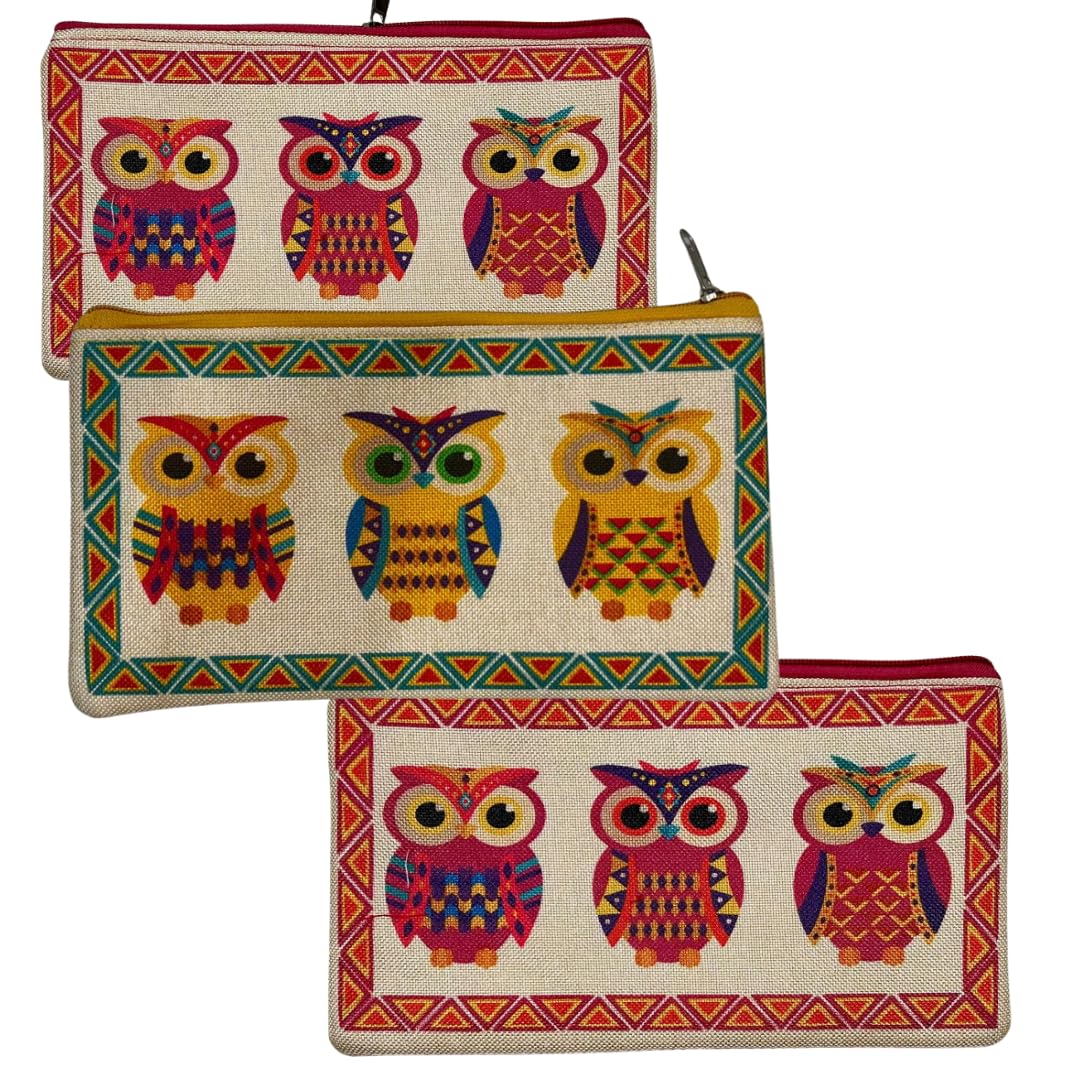 Jute Multipurpose Pouch – Gift for Women Premium Owl Print Case, Makeup Bag, Travel Pouch | Eco-Friendly | Vibrant Design | Multicolour (25cm x 14cm) | Set of 3-image-46