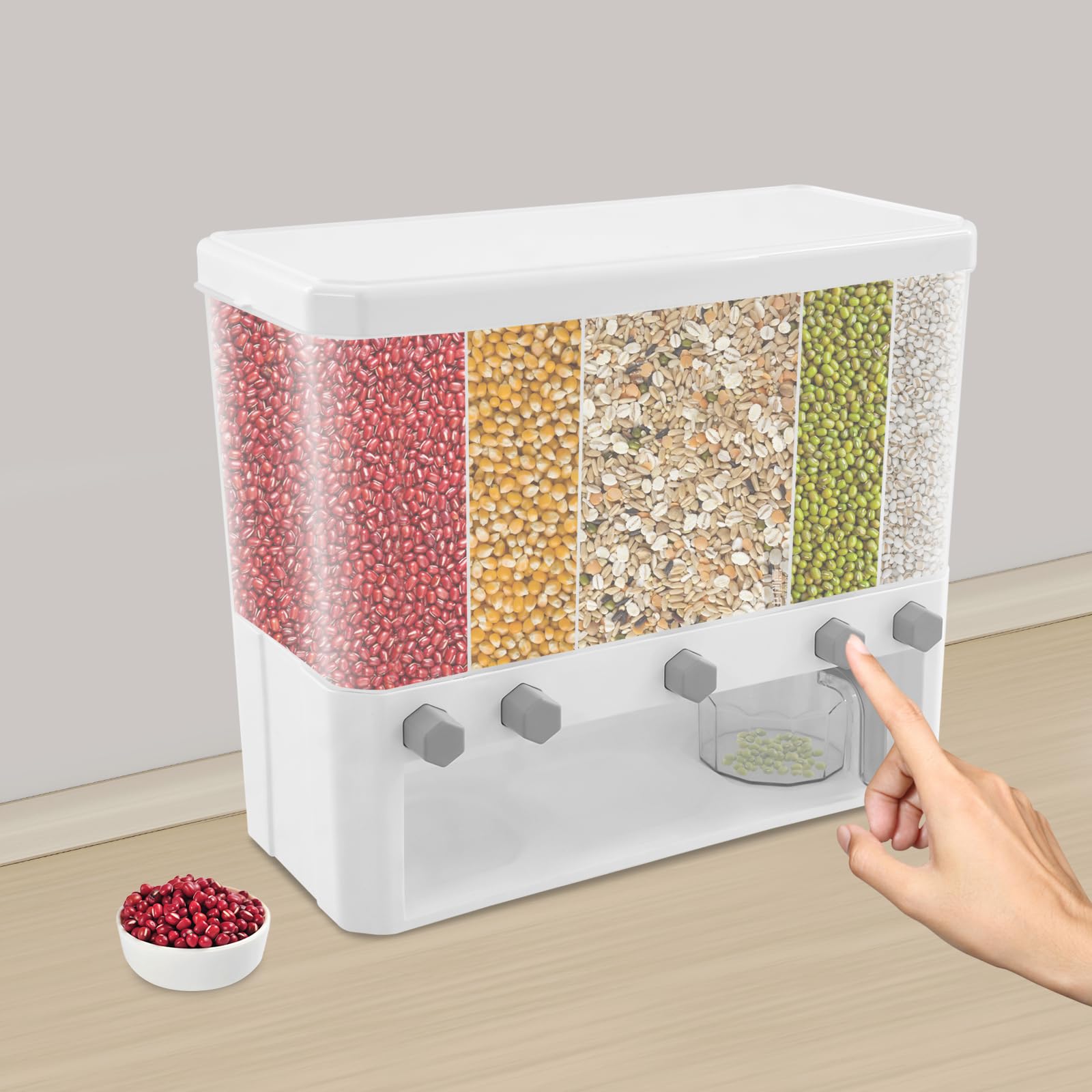 Contenitore per riso a 5 scomparti, dispenser di cereali con misurino e 5 coperchi rimovibili, contenitore per alimenti secchi, portata 15 kg, per riso, pasta, avena, fagioli, cucina, 42 x 19,5 x 35,2