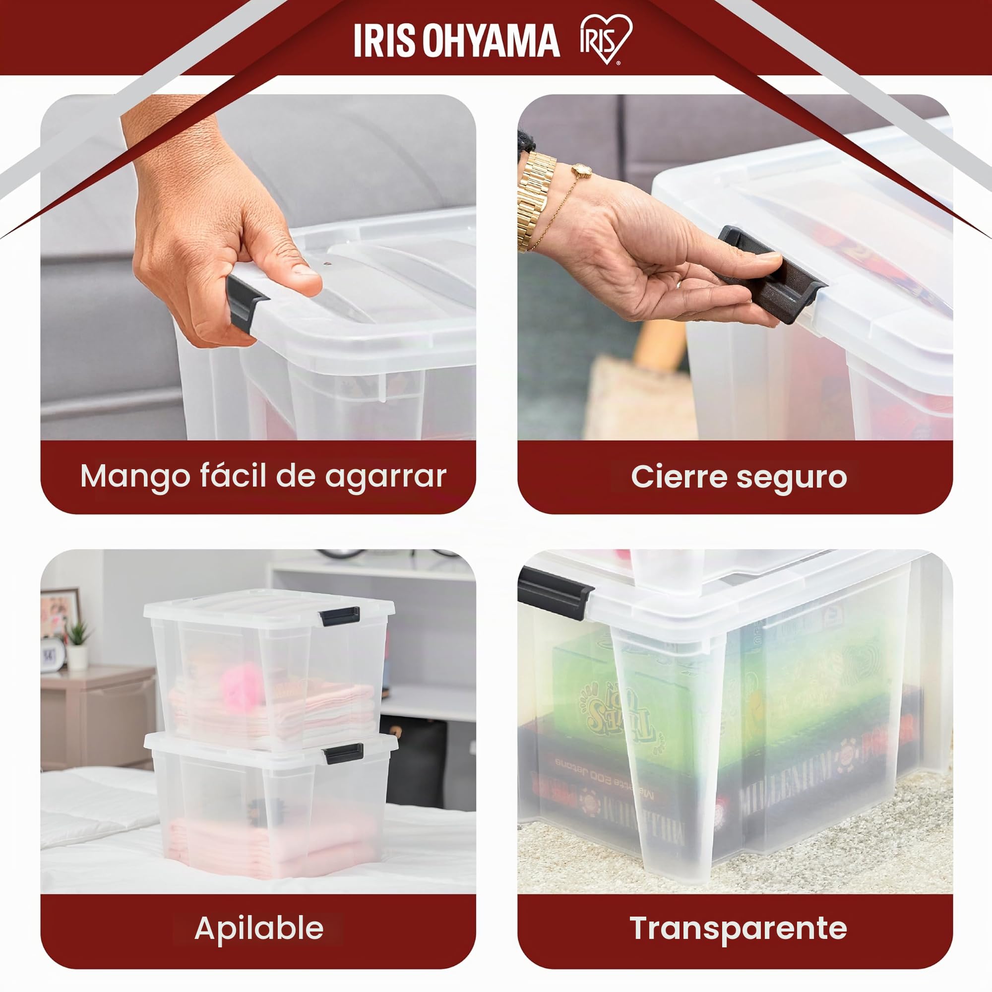 Iris Ohyama, Caja de plástico, Lote de 4 cajas de 30L - HB-30 - Transparente, A43 x P35 x A25,5 cm