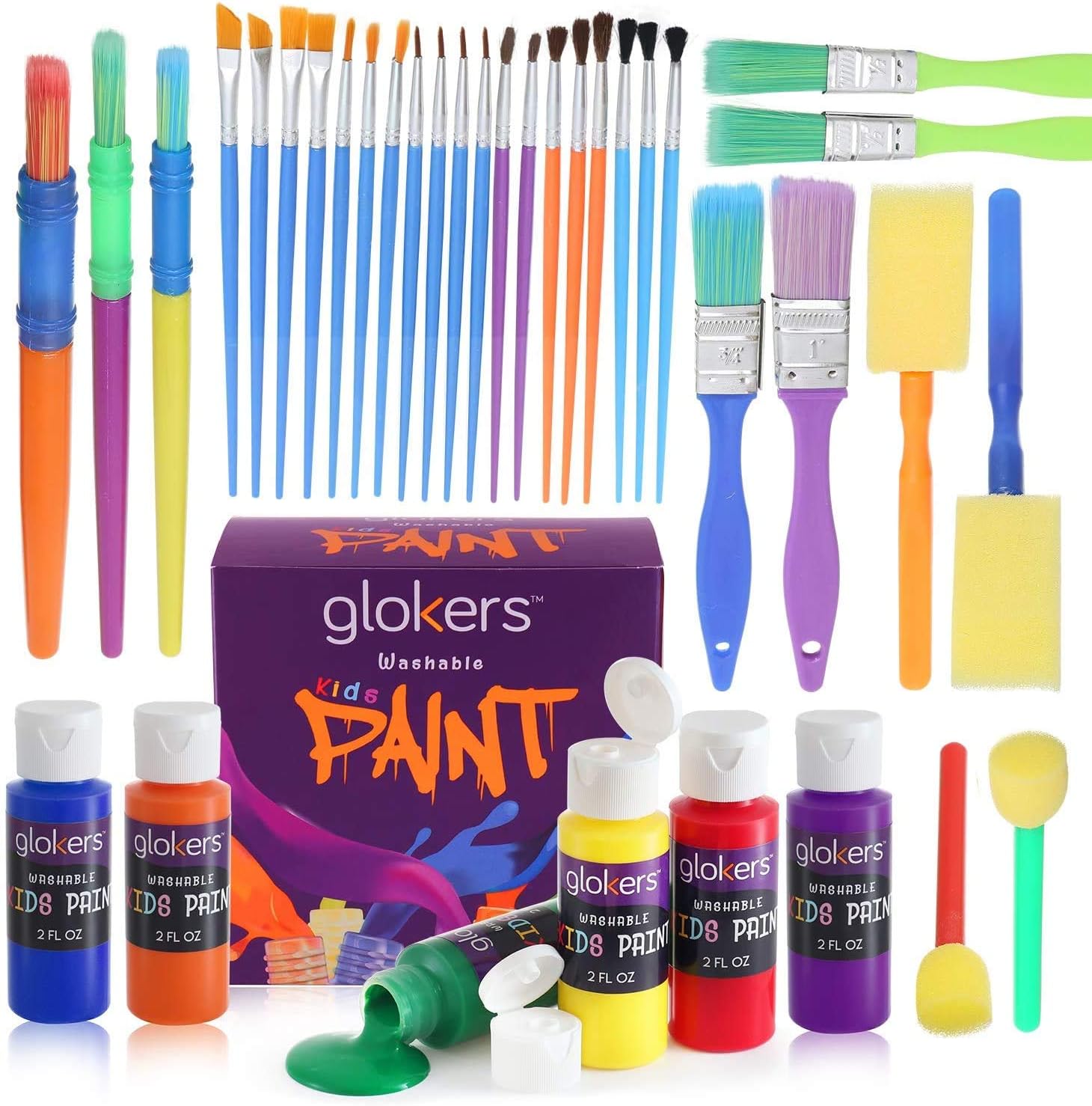 glokers Complete Set of 30 Paint Brushes Bundle with 6 Non-Toxic Washable Kids Paint– Washable Kids Paints and Paintbrush Set - 2oz Assorted Bottles – Perfect for Kids Age 3+ : Toys & Games