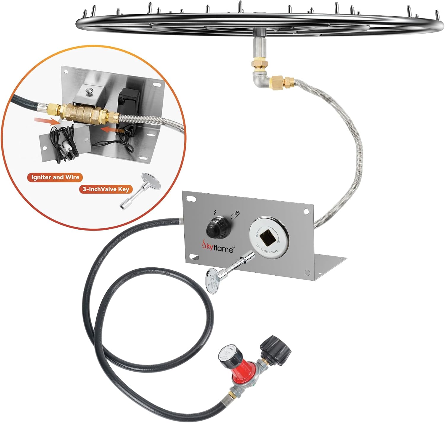 Skyflame 30" Fire Pit Burner Ring, All-in-One Propane Installation Kit, Including Round Jet Burner Ring, Connection Hose with Regulator and Ignition Kit, Great for Indoor or Outdoor Fire Table