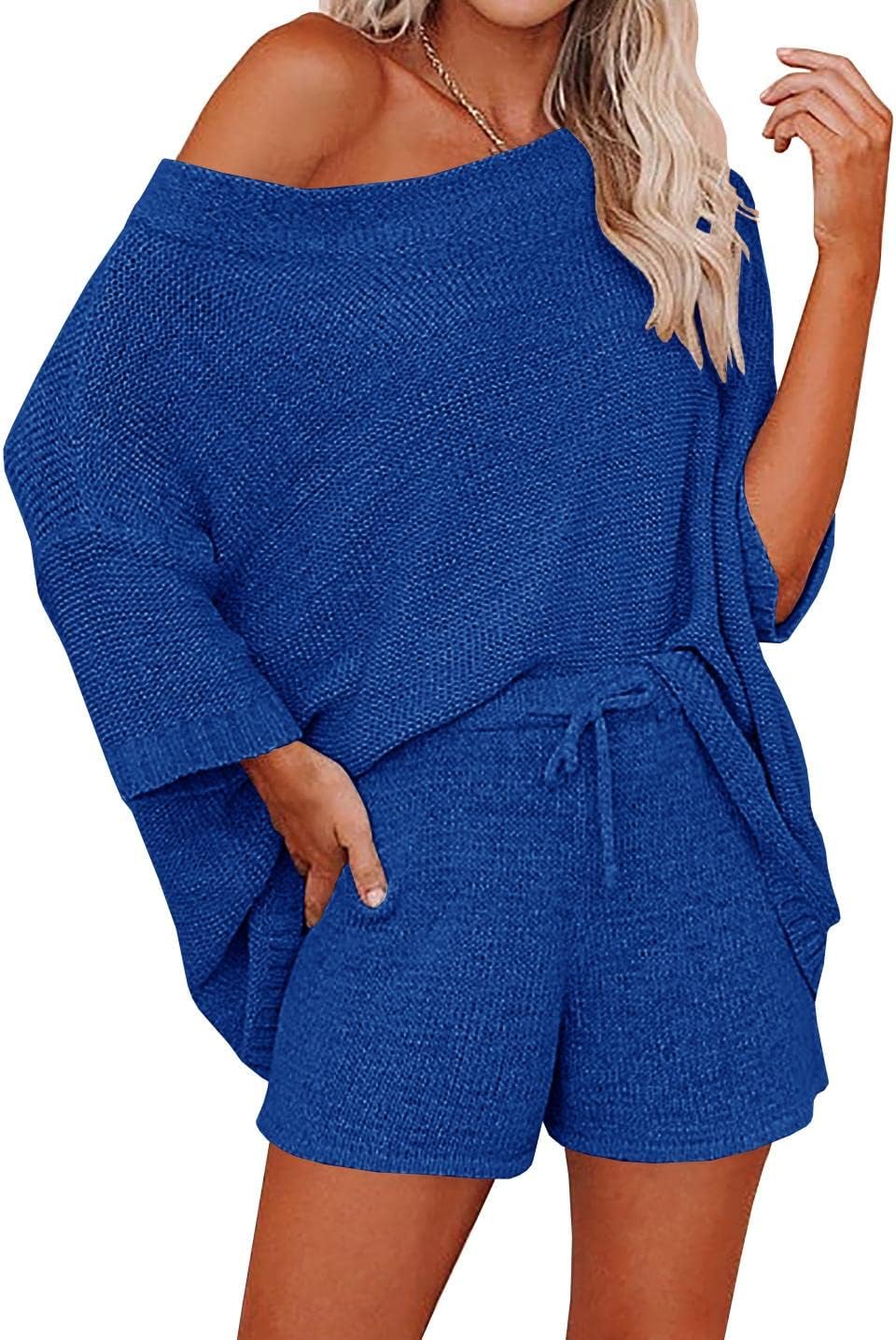 Ermonn Womens 2 Piece Outfits Sweater Sets Off Shoulder Knit Tops Waist Short Suits Casual Pajama Set