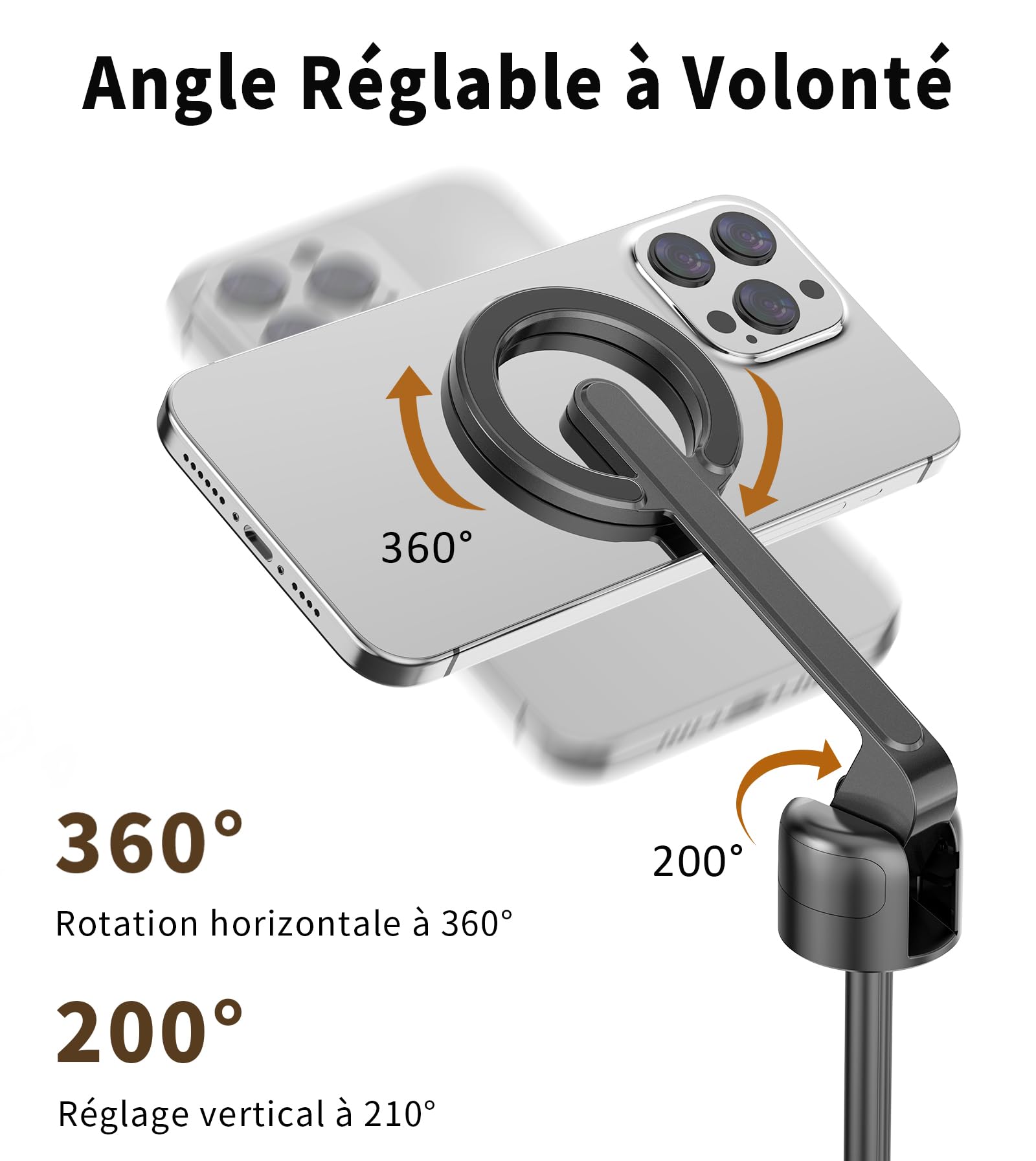 TONEOF 173cm Perche Selfie Magnétique Trépied,Fixations en Aluminium pour Magsafe, Rotatif à 360°,Trépied Voyage Rétractable avec Anneau Métallique&Télécommande,Têtes de Trépieds pour Téléphones-Noir