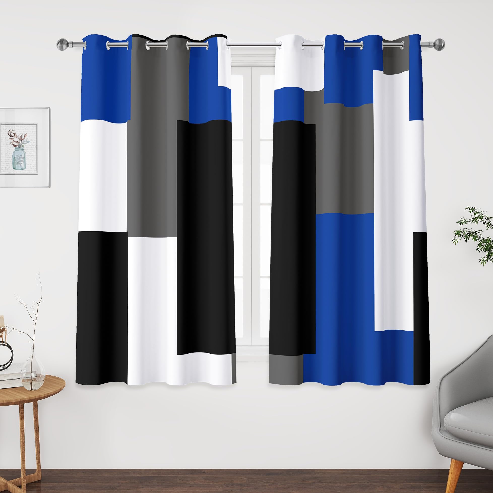 Tyrot Blue Gray 100% Blackout Curtains 45 inch Length 2 Panels Set White Grey Modern Abstract Geometric Drapes for Kitchen Black Out Curtains Insulated Room Darkening Small Window Curtains, 52Wx45L