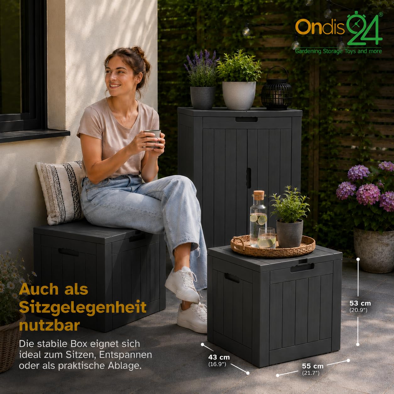Ondis24 City Cube, pudełko z tworzywa sztucznego, zamykane pudełko na basen, pudełko do siedzenia, pudełko na paczkę, 110 l, beżowe, 55 x 43 x 53 cm, nośność 75 kg i siedzisko – dla właścicieli basenu