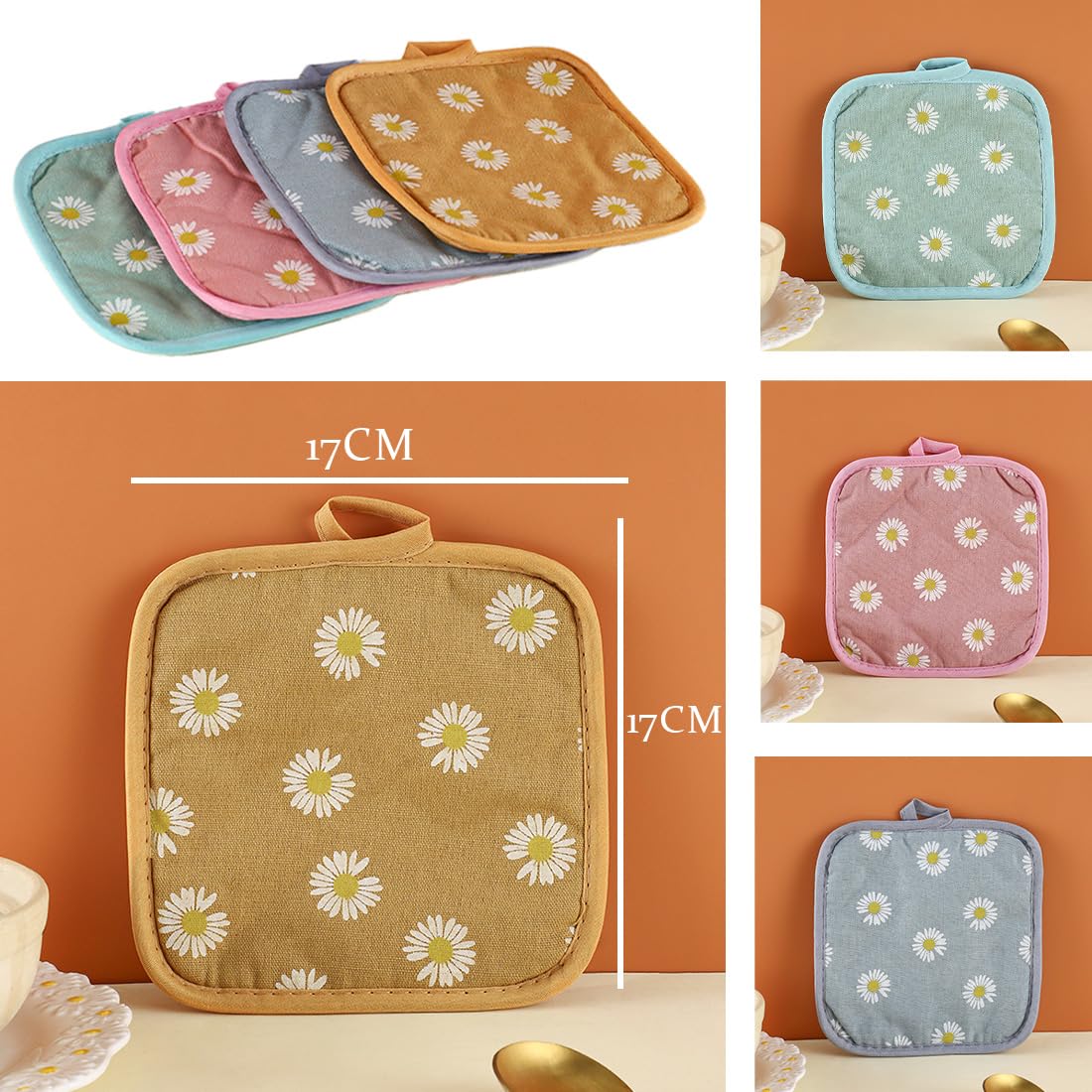 8 Presine Da Cucina Resistenti Al Calore 17x17 Cm, Cotone E Lino, Appendibili, Con Motivi Foglie E Margherite, Set Colori - 3