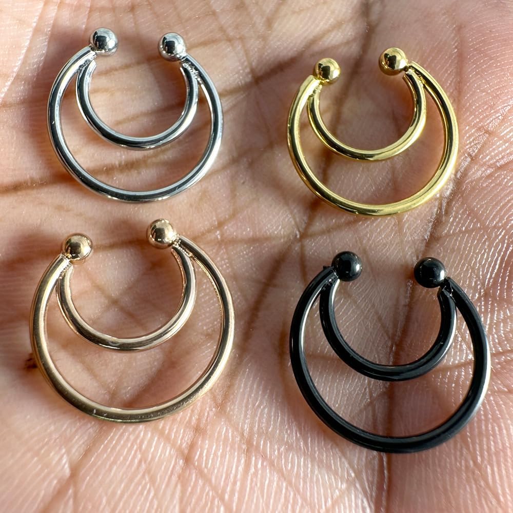 Twin Circle Circular Design 14 Gauge (1.6mm) Stainless Steel Hoop Clip on Fake Septum Nose Rings Non Piercing Lip Ear Ring Faux Body Piercing Jewelry