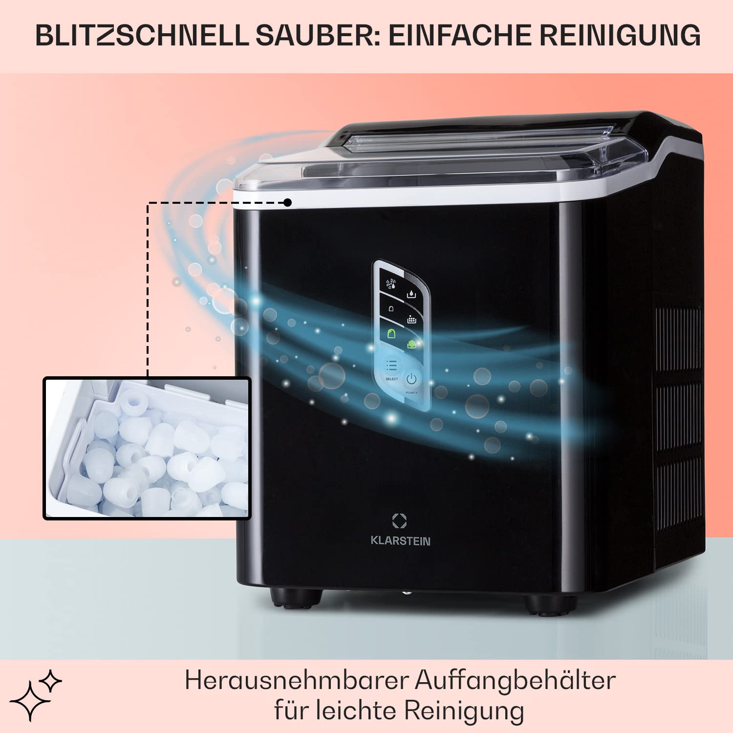 Klarstein Eiswürfelmaschine Klein, Schneller Ice Cube Maker, Eiswürfelbereiter Selbstreinigend, Eiswürfelgerät für Große und Kleine Eiswürfel, mit Eiswürfelbehälter, 12kg/24h, Fassungsvermögen 1,5 L