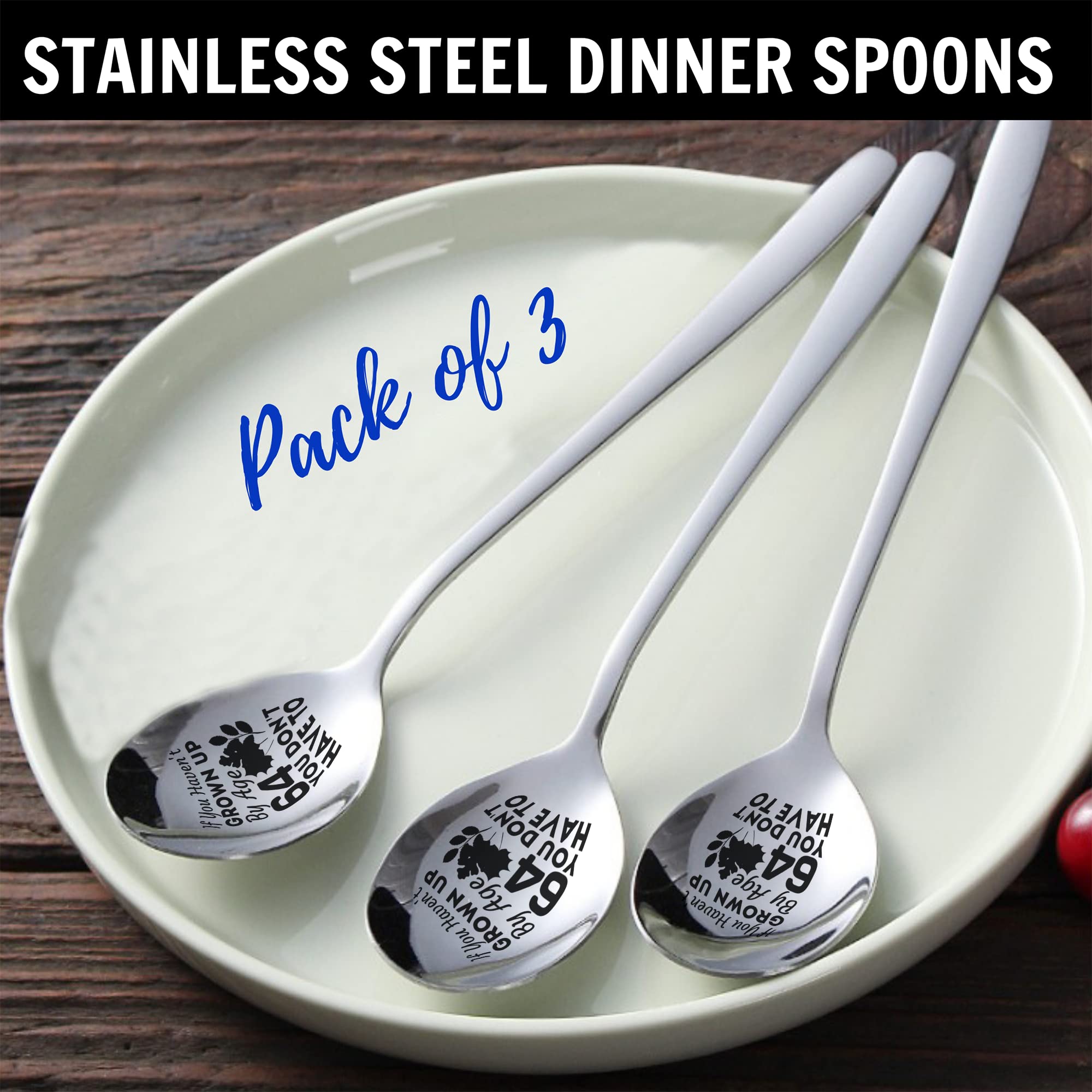 Grown Up 64 Age Years 64th Birthday Born in 1957 1958 8 Inch Engraved Spoon   Pack of 3 Coffee Ice