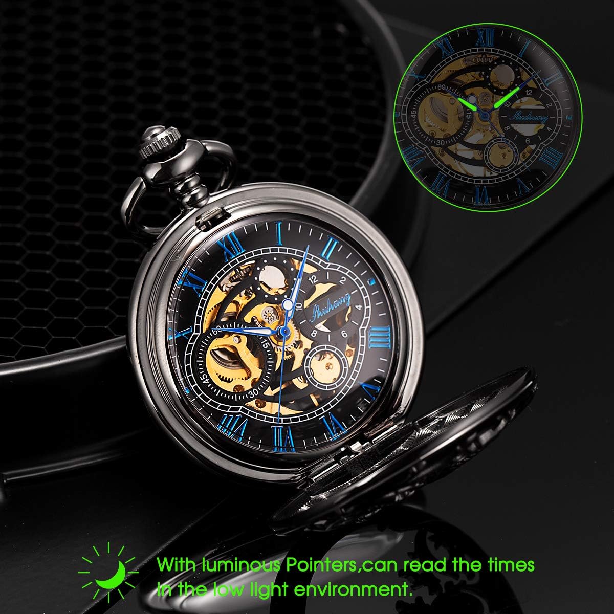 ManChDa Mens Antique Skeleton Mechanical Pocket Watch Dragon Hollow Hunter with Chain and Box (4.Blue)