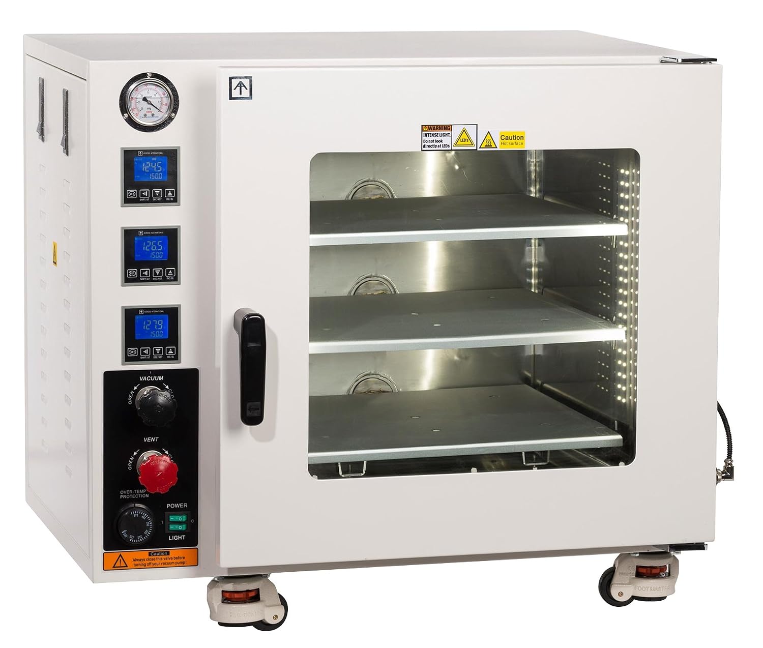 Across International AT32.110.UL Ai Accutemp UL CSA Certified 3.2 cu. ft. Vacuum Oven with 3 Heated Shelves, Oil-Filled Gauge and LED Lights, 110V, 50/60Hz, 1500W, Stainless Steel, 30.5" x 24" x 29"