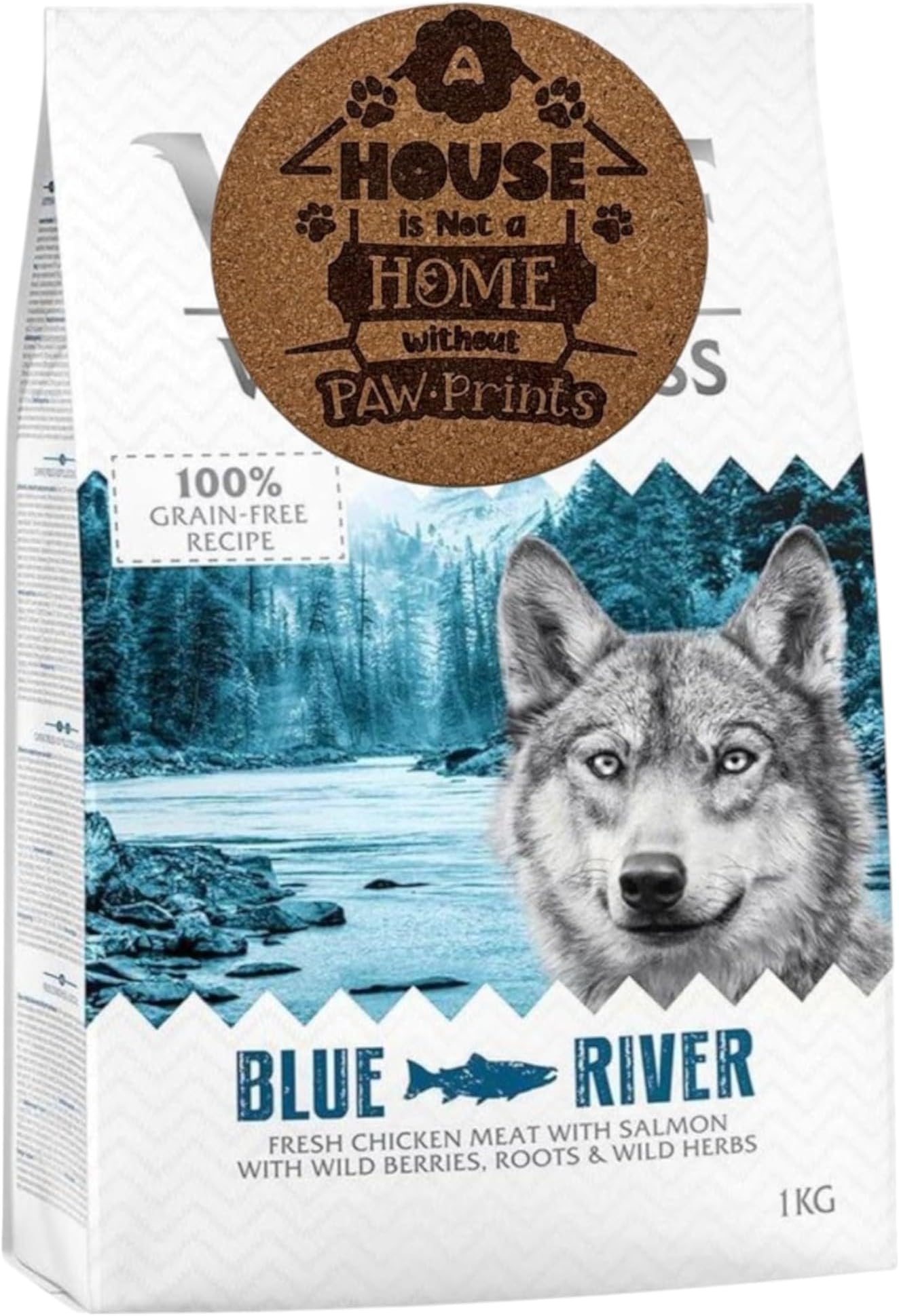 AETN Creations Blue River Protein-Rich Chicken & Salmon Dry Dog Food 1kg – Grain-Free Formula with Wild Berries – Includes Exclusive AETN Dog Quote Coaster