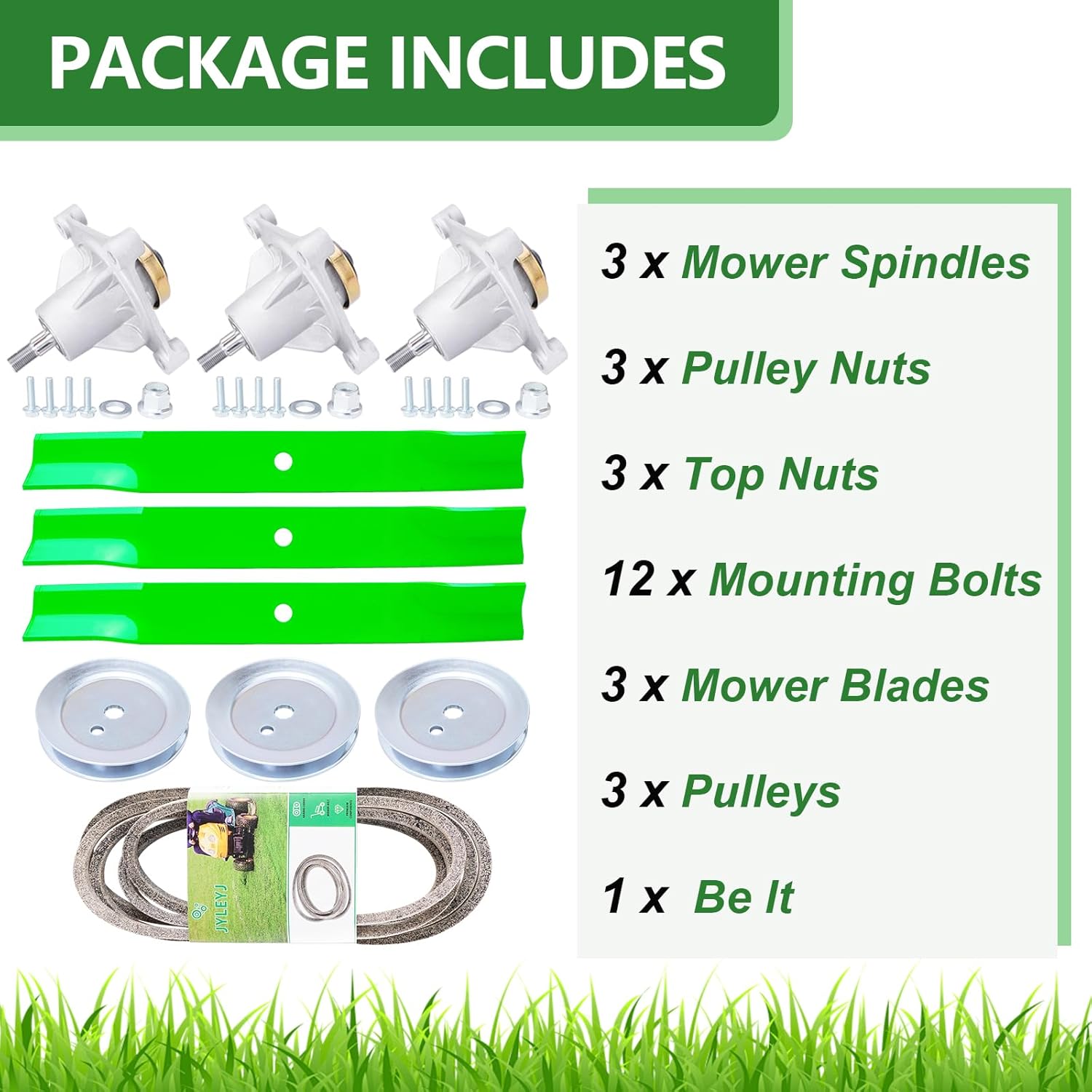 52" Mower Deck Rebuild Kit for Hustler Dash Raptor Limited Includes 3 Spindle 604214, 3 High Lift Blade 795526 603995, 3 Pulley 603988, 1 Be lt GX21395
