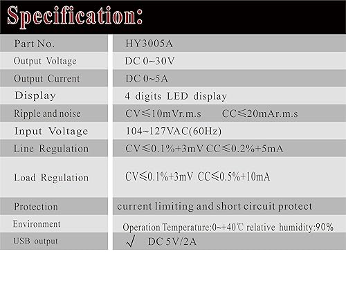 Miniatura 6 de Fuente de alimentación CC variable 30V 5A, fuente de alimentación conmutada Hyelec con salida USB de 5 V 2 A, fuente de alimentación regulada