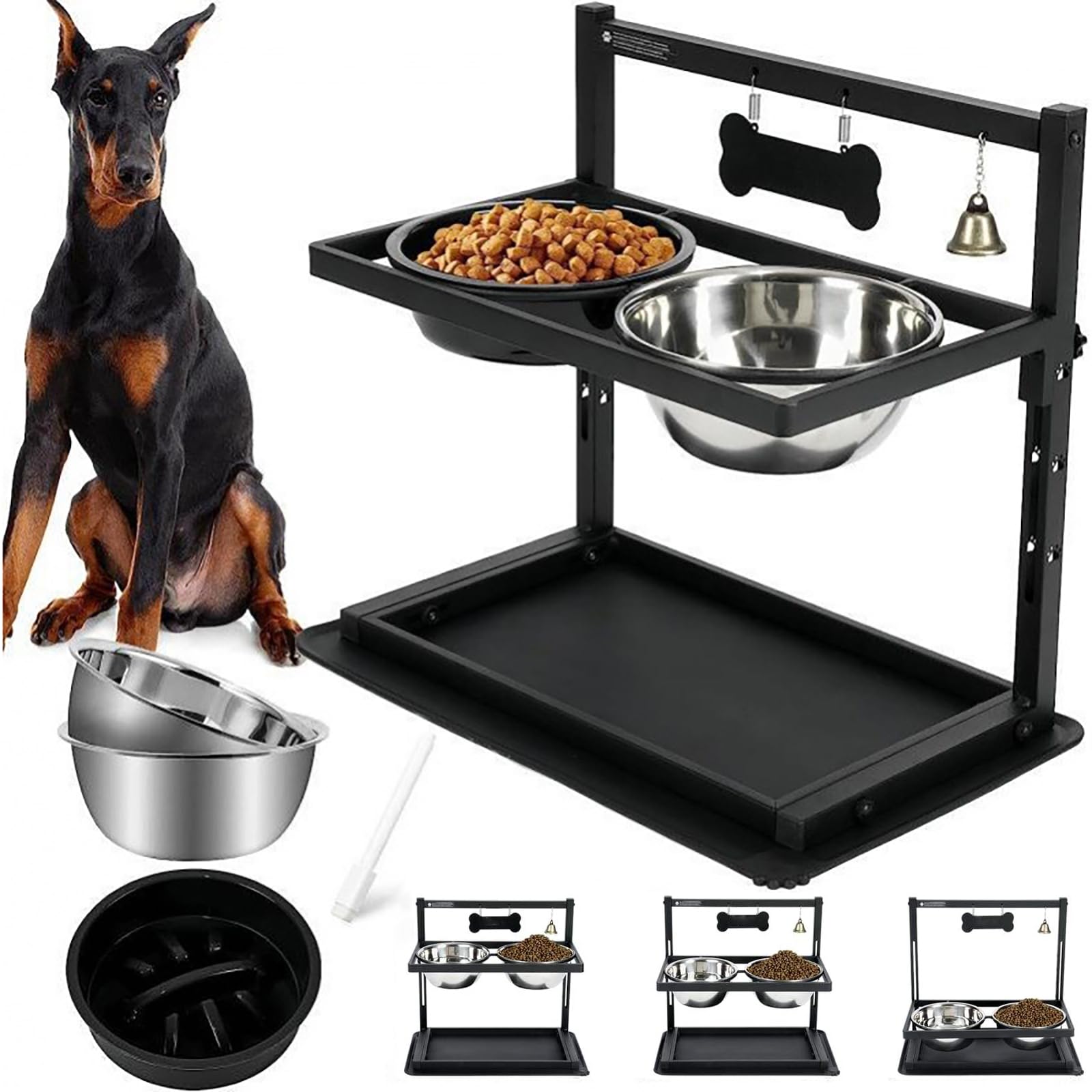 Gamelle surélevée pour chien, gamelles surélevées réglables en hauteur à 7 degrés, support de gamelles surélevées inclinées à 10° avec tapis anti-déversement, deux gamelles d'eau en acier inoxydable