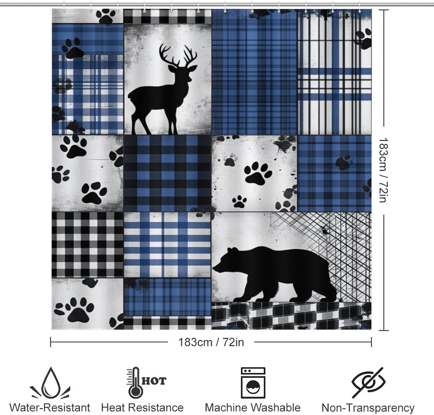 4Pcs Retro Patchwork Deer Bear Paw Square Shower Curtain 72W X 72L, Toilet Lid Cover Non-Slip Rugs and U-Shaped Mat, Rustic Line Blue Bathroom Decor Set with 12 Hooks