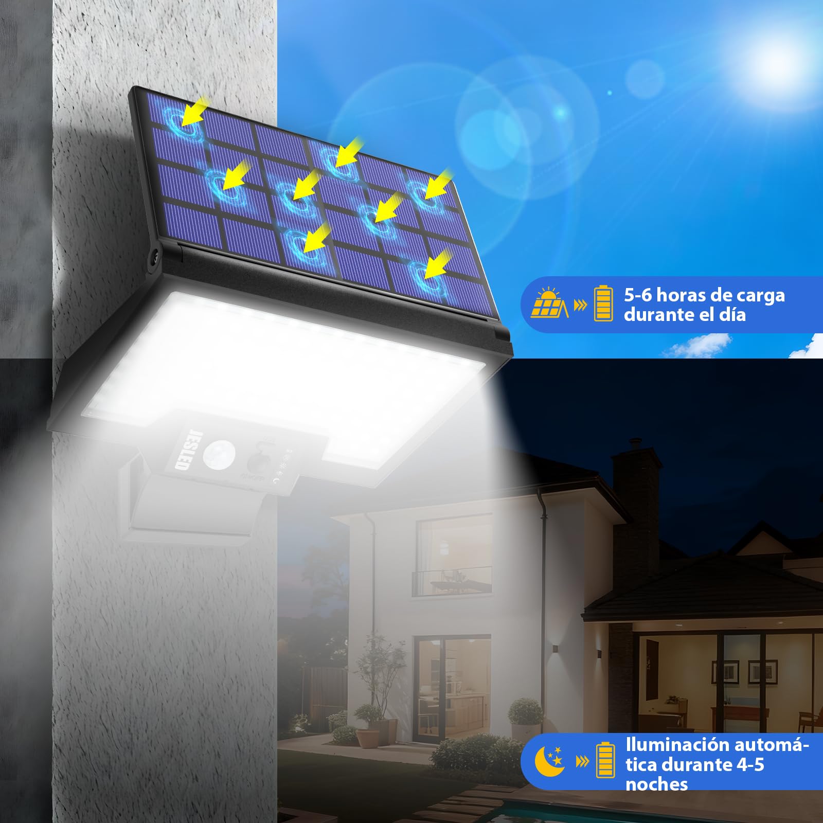 JESLED Luces Solares Exterior 108LED con Sensor Movimiento,2600mAh, 4 Modos IP65, Carga Rápida Tipo-C, Iluminación Seguridad - Resistente al Agua y Clima Extremo para Patio Jardín Garaje, Pack 4