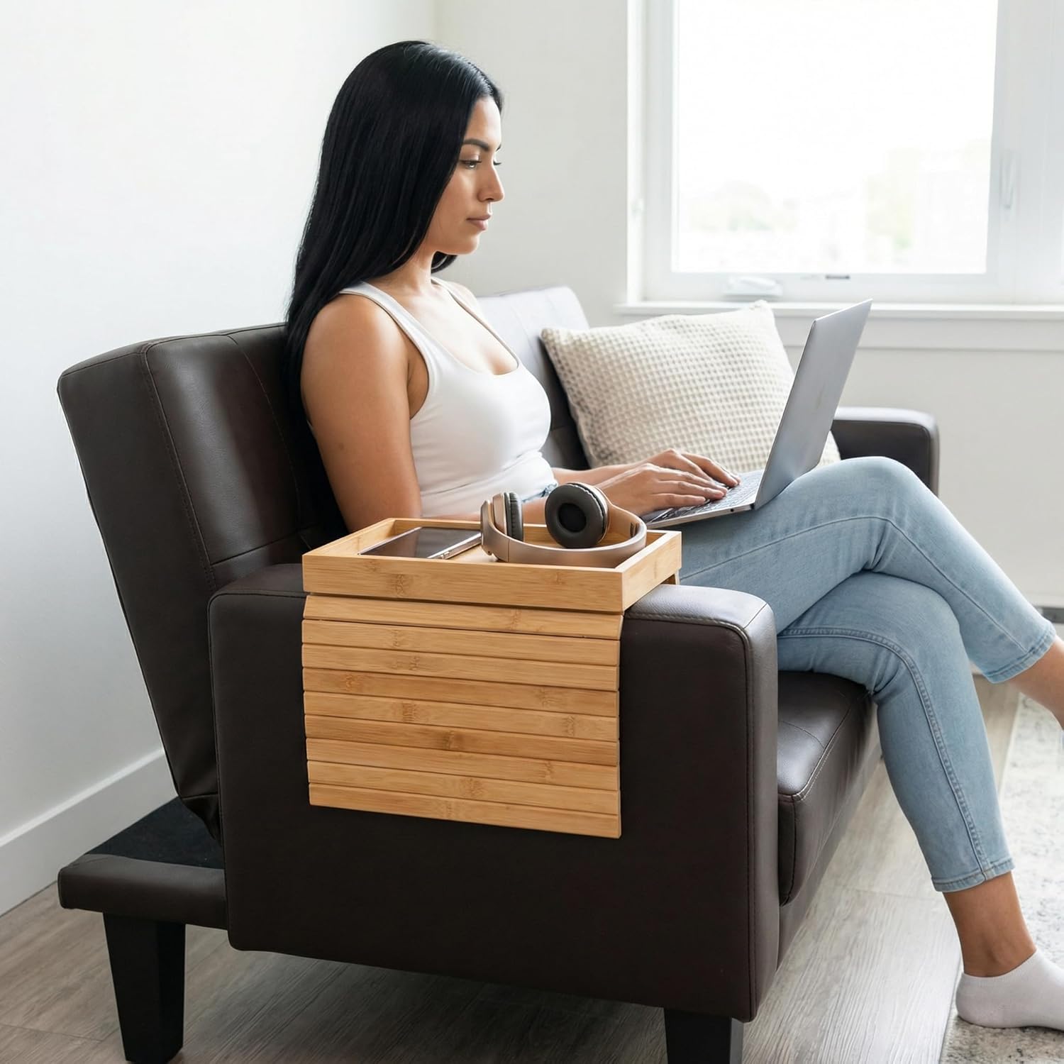 Couch Armrest Table, Bamboo Couch Cup Holder, Couch Cup Holder Tray, Sofa Arm Tray, Armchair Caddy 12.4" x 5.5" with Nonslip Felt Bottom, Sturdy Bamboo Slats for Armrests 6" and Wider (Brown)