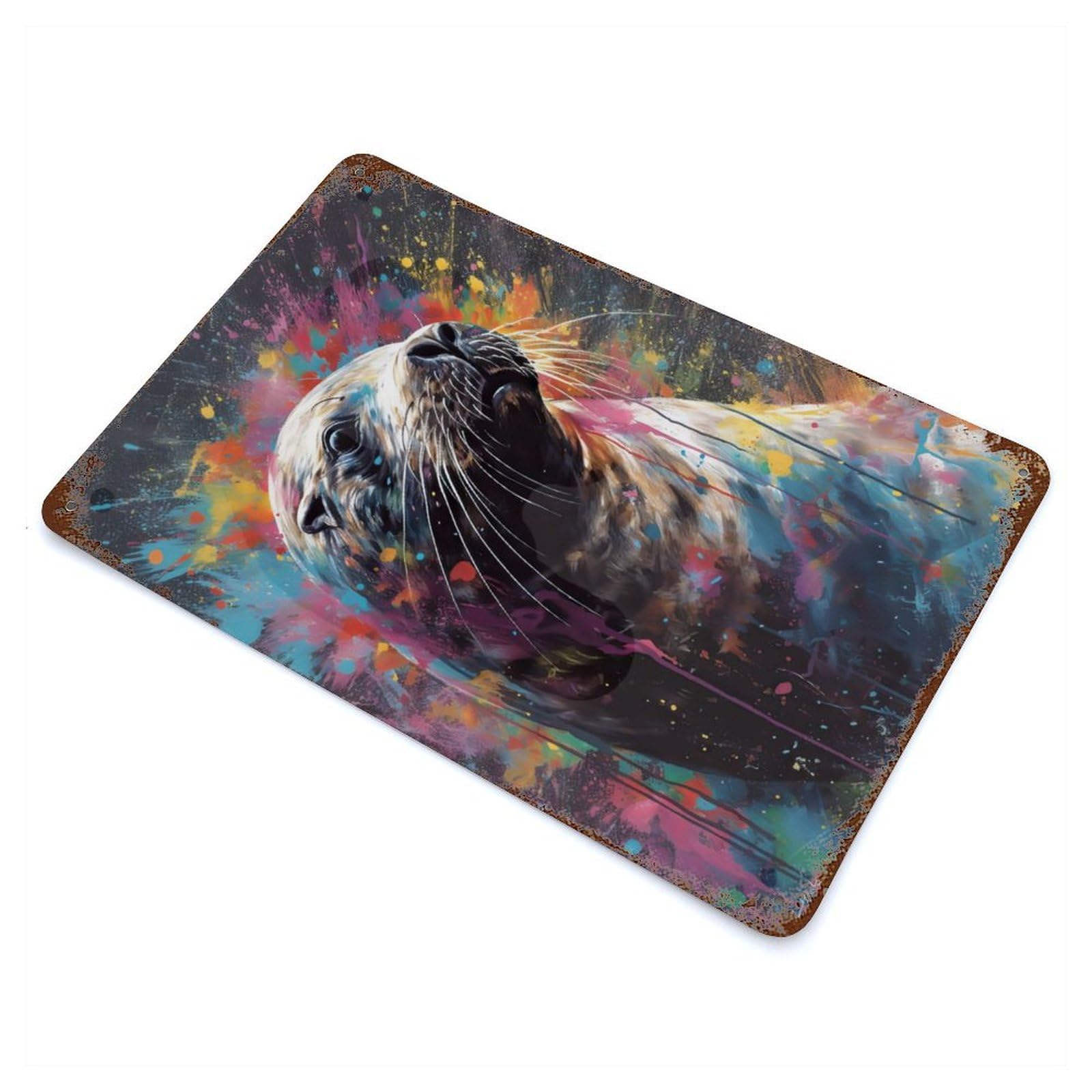Sea Lion Painting Distressed Metal Wall Sign 11.8"x7.9", Rustic Home Decor for Living Room, Hallway And Home Decor